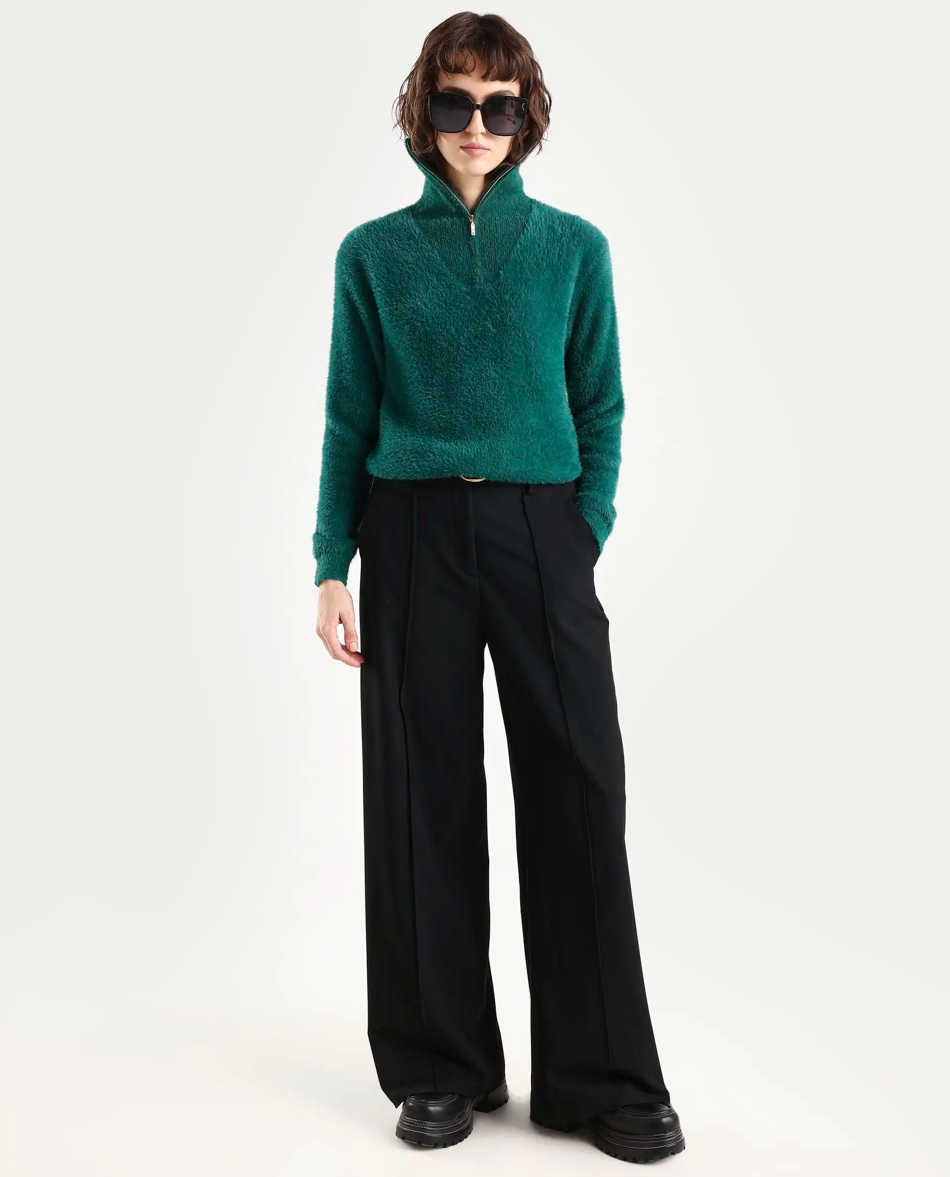 Rareism Women's Asser Green Polyester Blend High Neck Plain Relaxed Fit Sweater