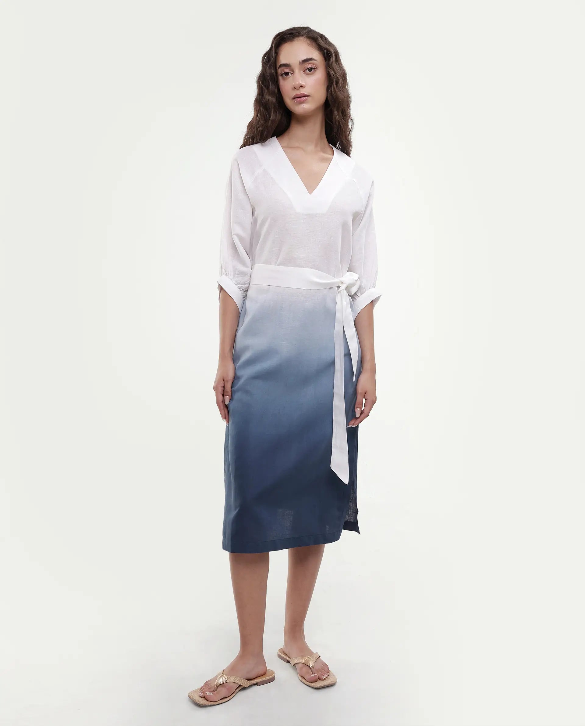 Rareism Women's Algan White Polyester Blend V-Neck Ombre Raglan Sleeve Midi Straight Fit Dress