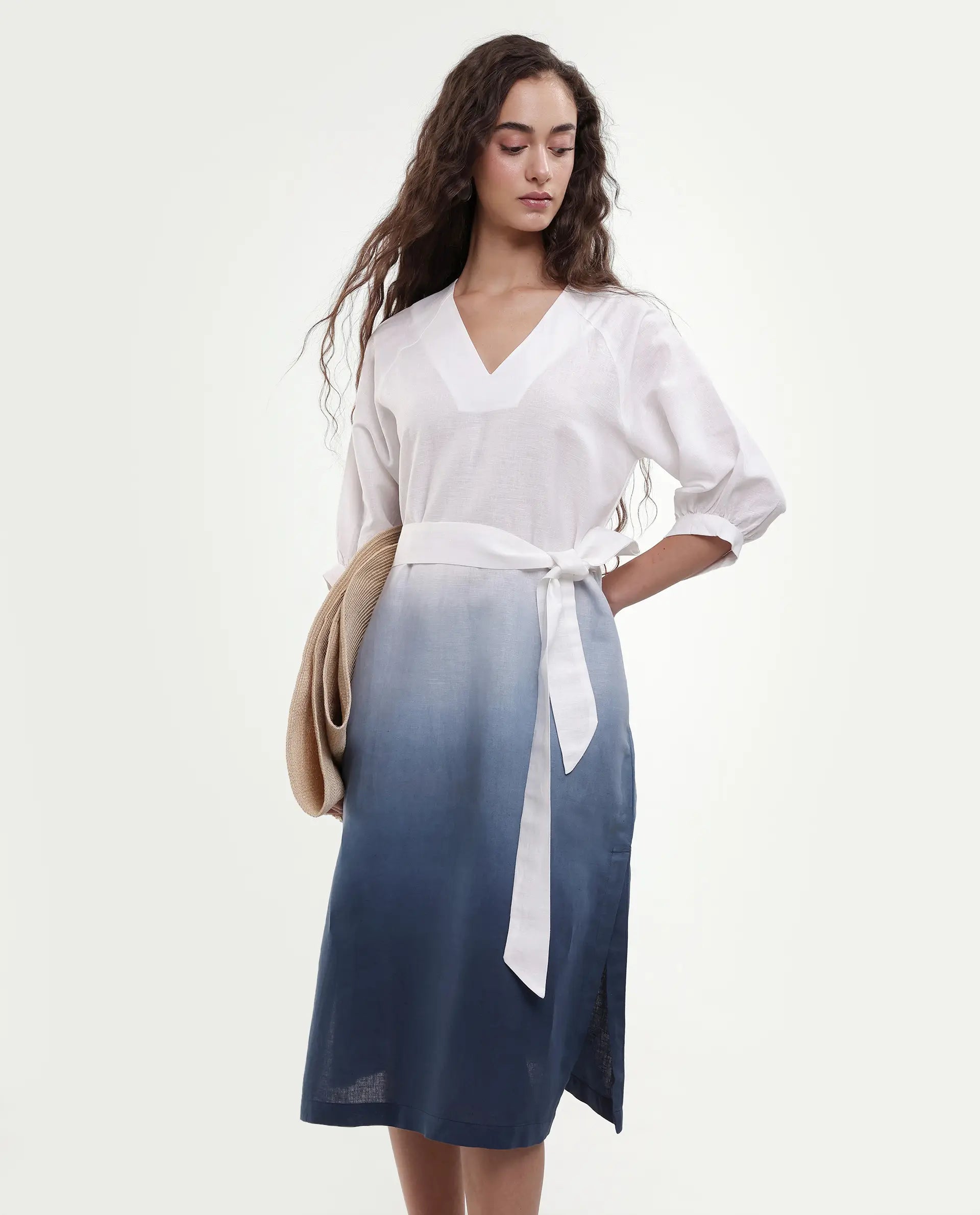 Rareism Women's Algan White Polyester Blend V-Neck Ombre Raglan Sleeve Midi Straight Fit Dress