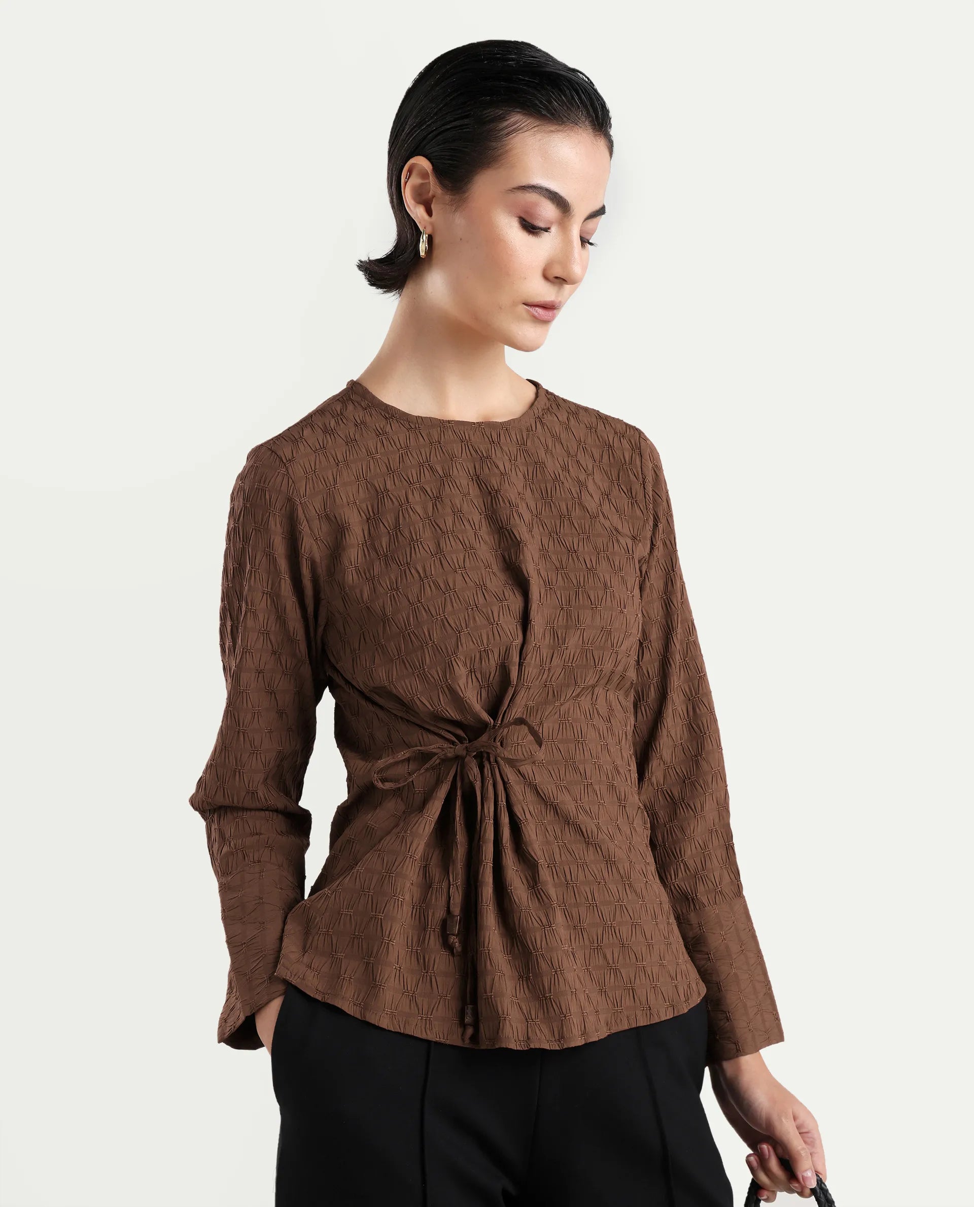 Rareism Women's Kiop Rust Polyester Crew Neck Plain Cuffed Sleeve Regular Fit Top