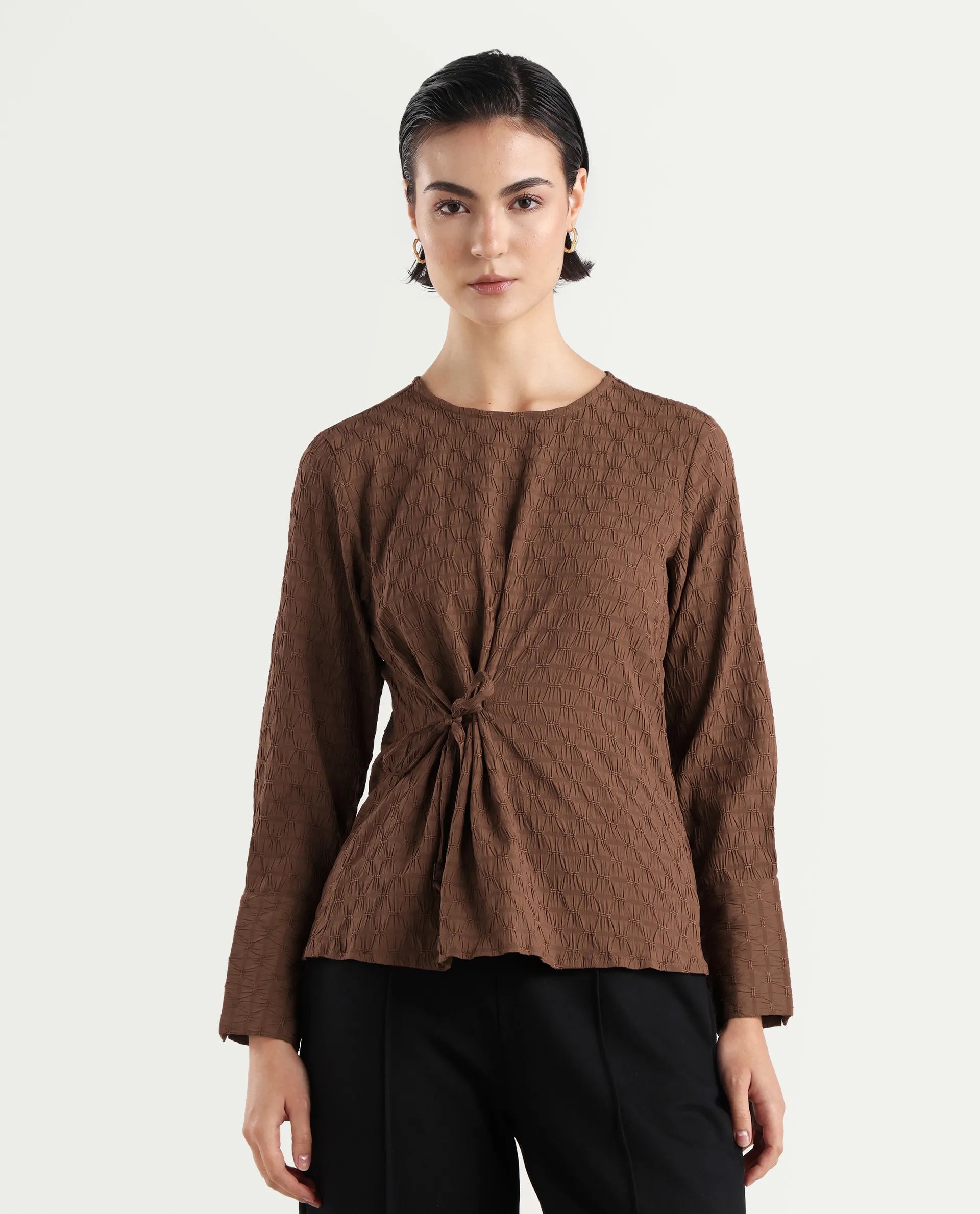 Rareism Women's Kiop Rust Polyester Crew Neck Plain Cuffed Sleeve Regular Fit Top