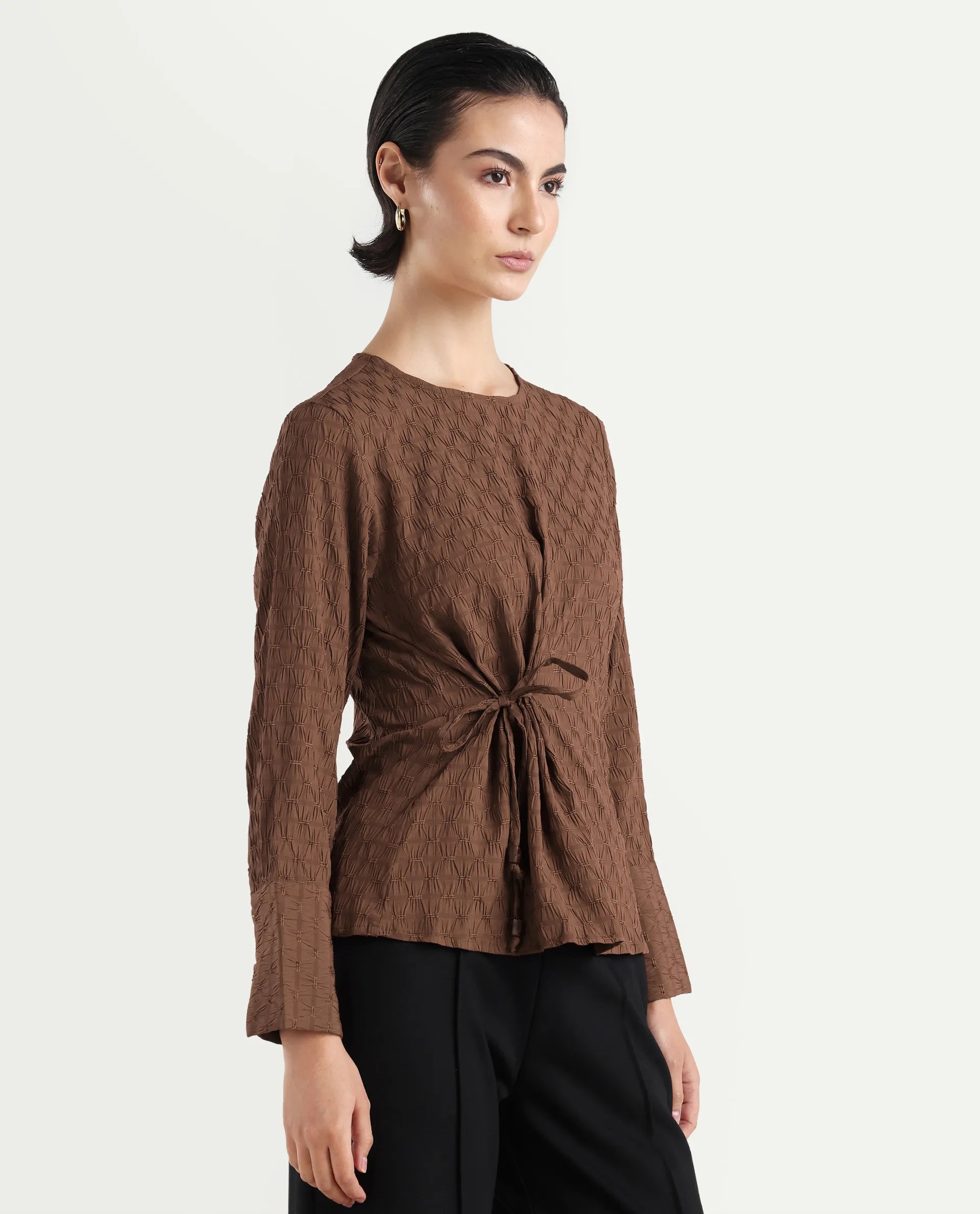 Rareism Women's Kiop Rust Polyester Crew Neck Plain Cuffed Sleeve Regular Fit Top