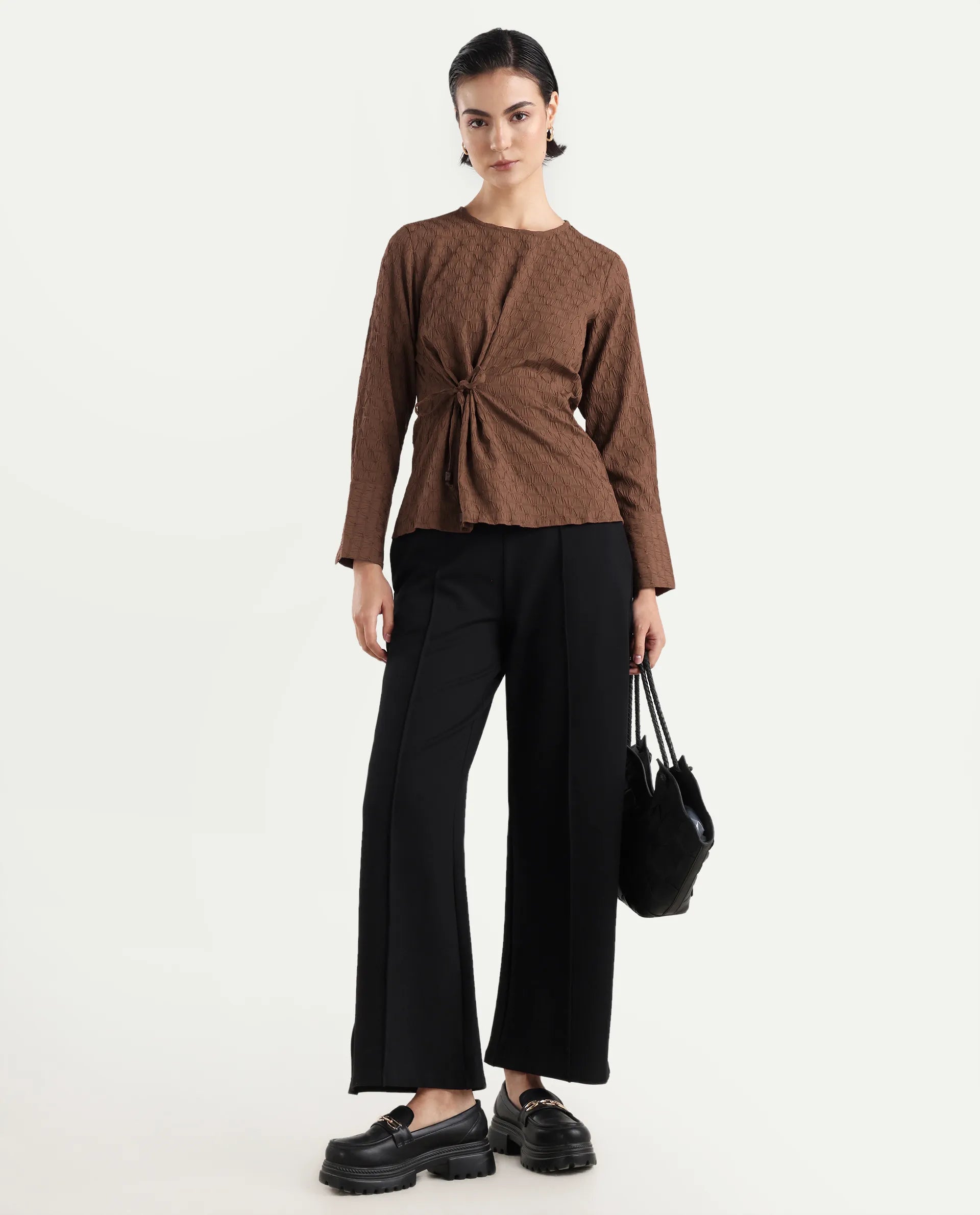 Rareism Women's Kiop Rust Polyester Crew Neck Plain Cuffed Sleeve Regular Fit Top