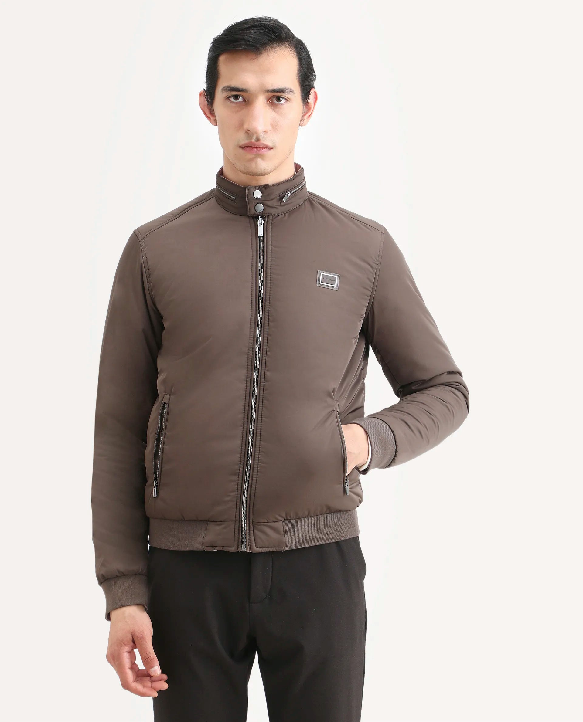 Rare Rabbit Men's Royban-2 Green Polyester Plain Regular Fit Full Sleeve High Neck Jacket