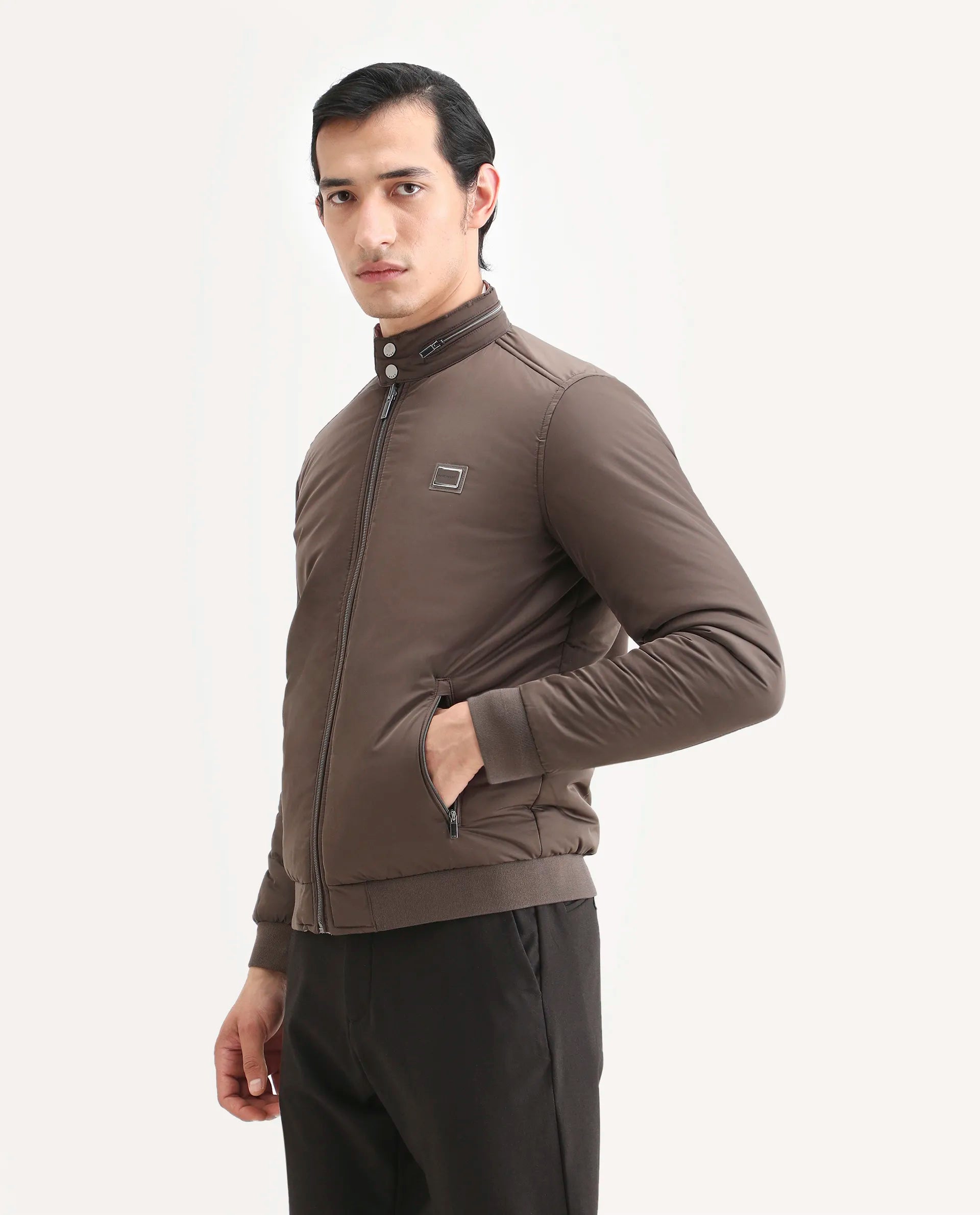 Rare Rabbit Men's Royban-2 Green Polyester Plain Regular Fit Full Sleeve High Neck Jacket