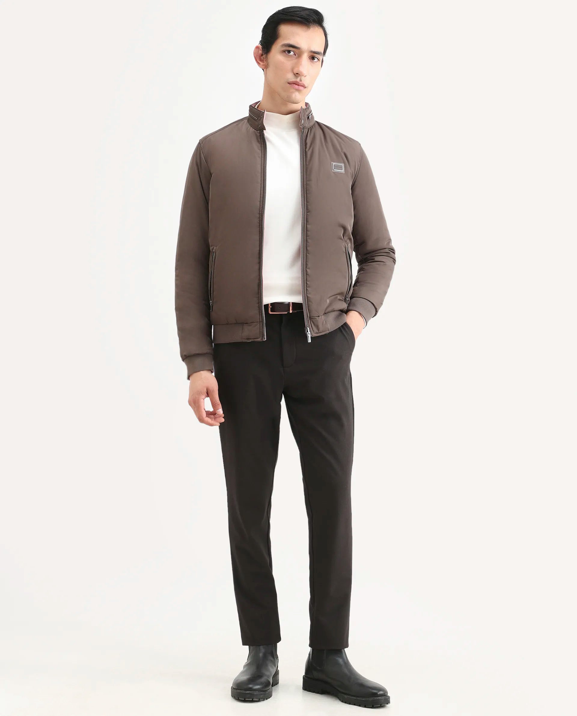 Rare Rabbit Men's Royban-2 Green Polyester Plain Regular Fit Full Sleeve High Neck Jacket