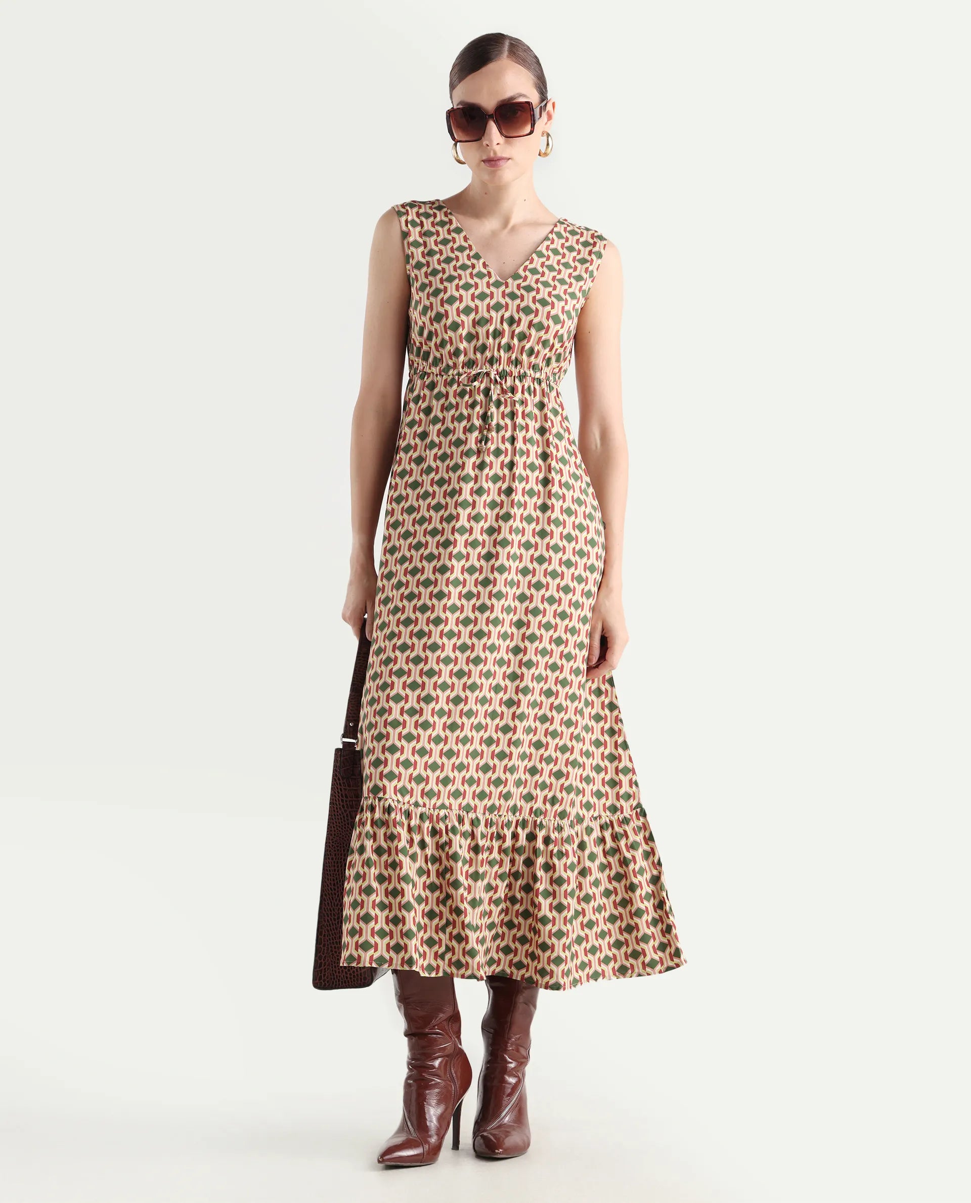 Rareism Women's Braytown Multi Viscose V-Neck Geometric Print Sleeveless Maxi Fit And Flare Dress