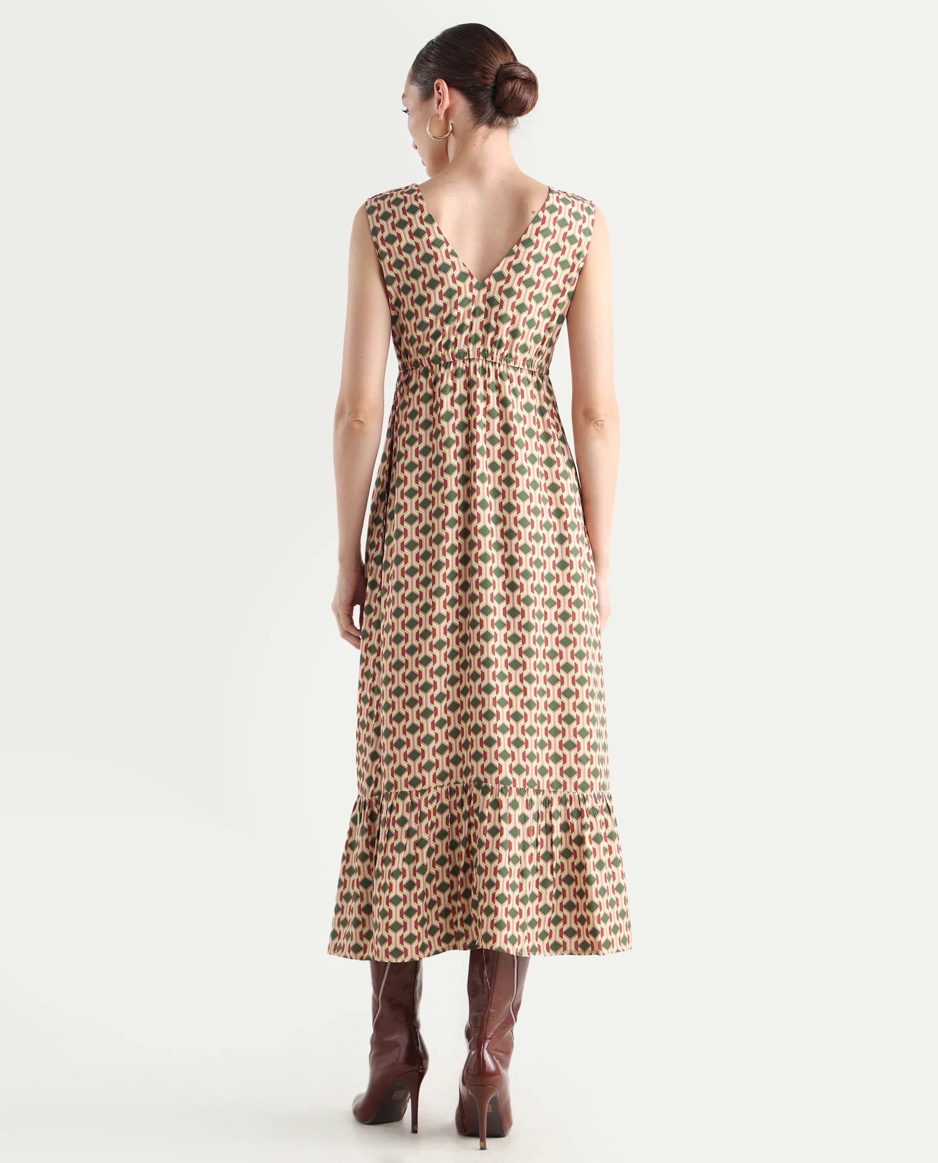 Rareism Women's Braytown Multi Viscose V-Neck Geometric Print Sleeveless Maxi Fit And Flare Dress