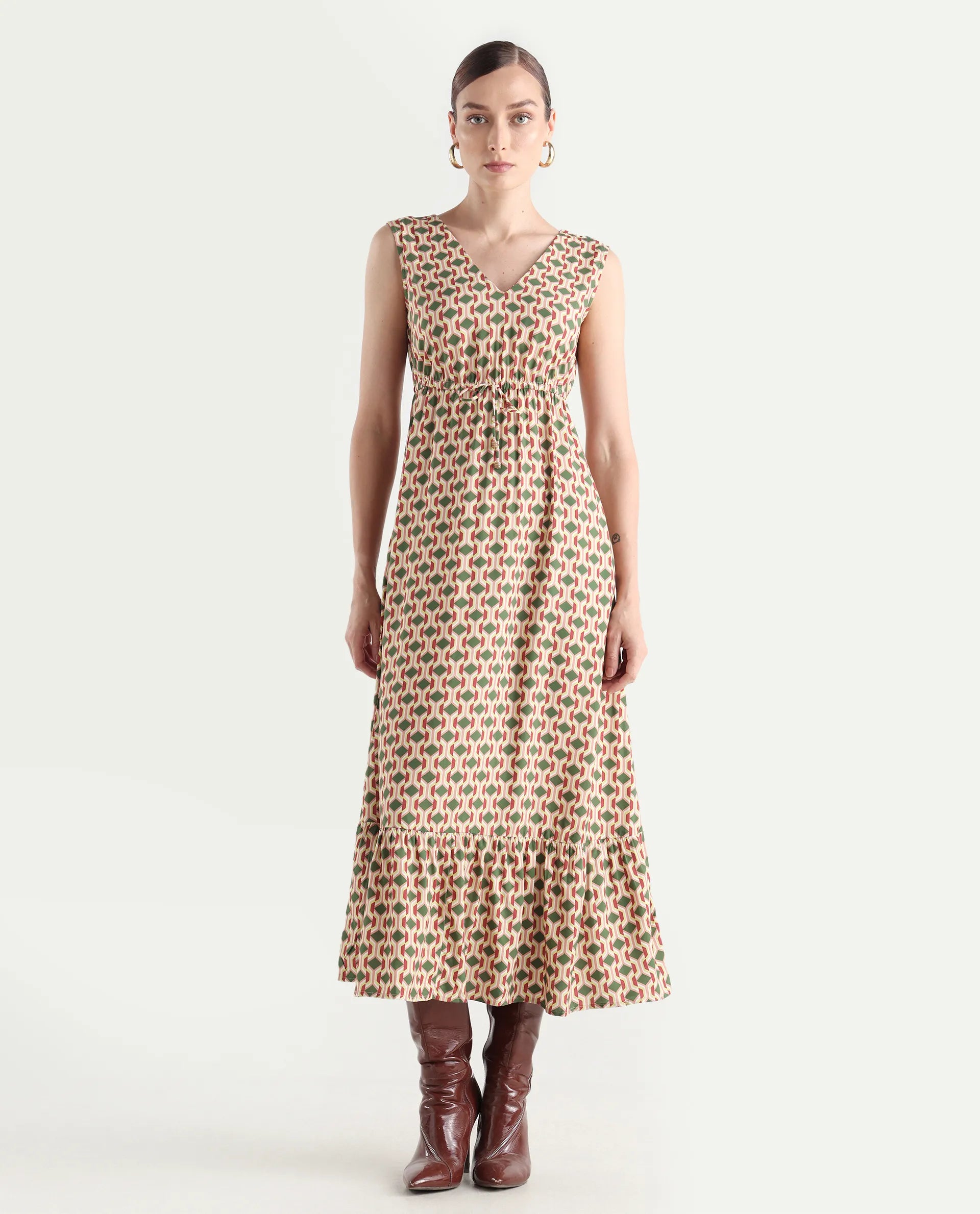 Rareism Women's Braytown Multi Viscose V-Neck Geometric Print Sleeveless Maxi Fit And Flare Dress