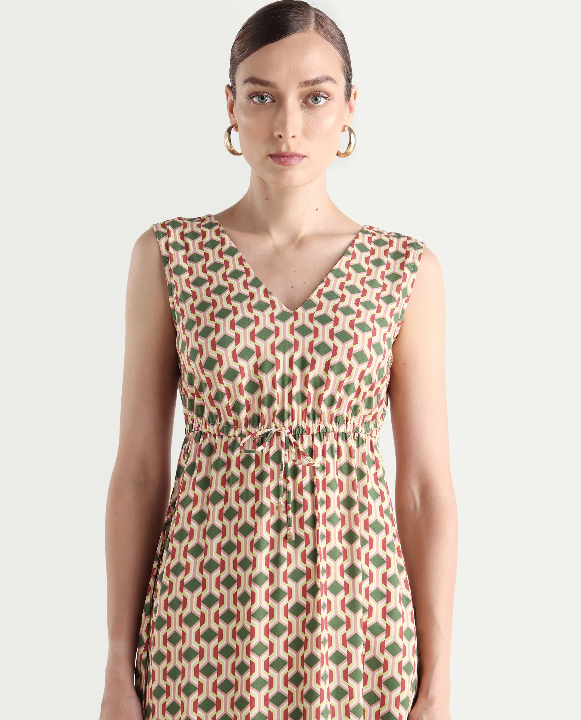 Rareism Women's Braytown Multi Viscose V-Neck Geometric Print Sleeveless Maxi Fit And Flare Dress