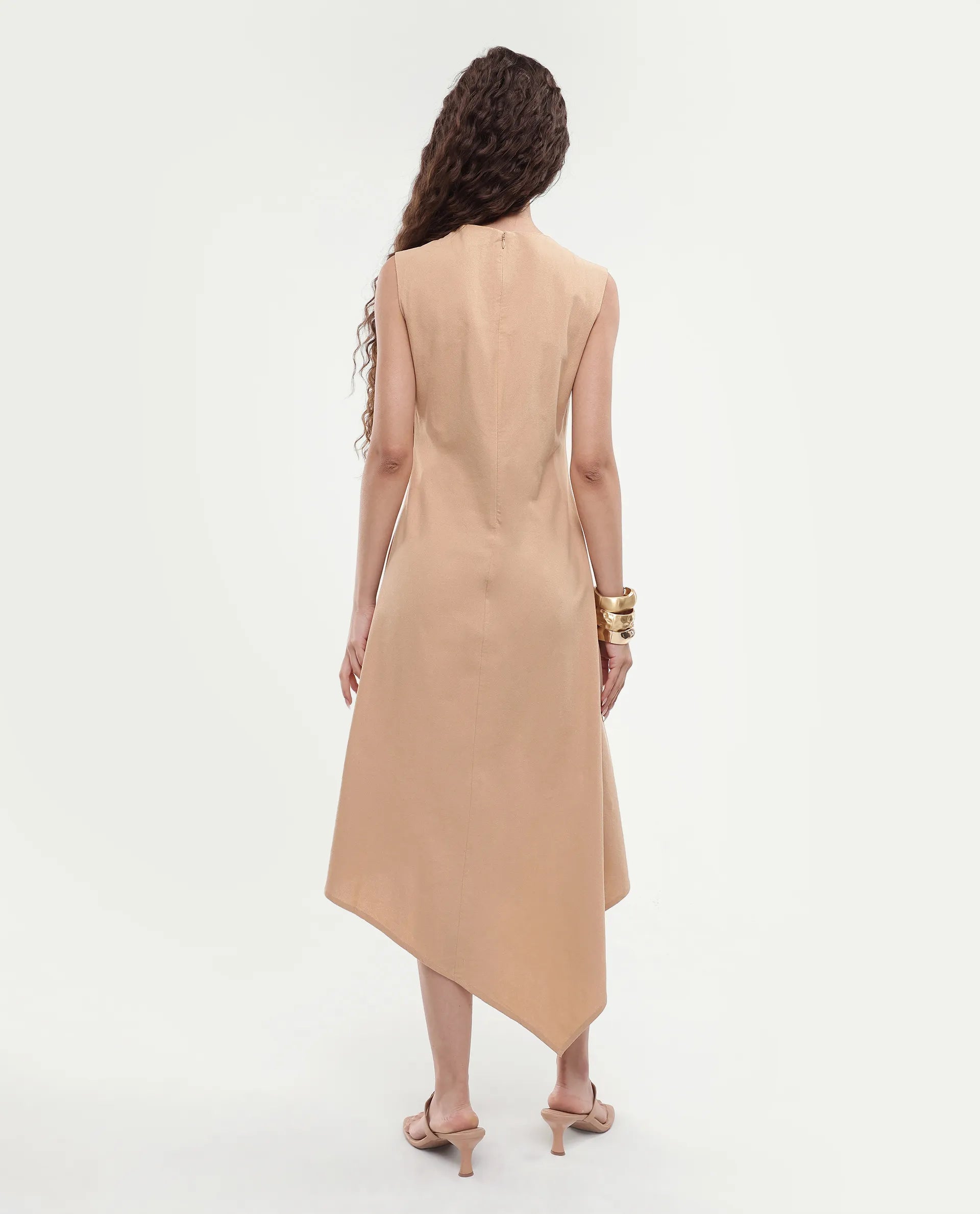 Rareism Women's Melrick Beige Cotton Crew Neck Plain Sleeveless Maxi A-Line Dress