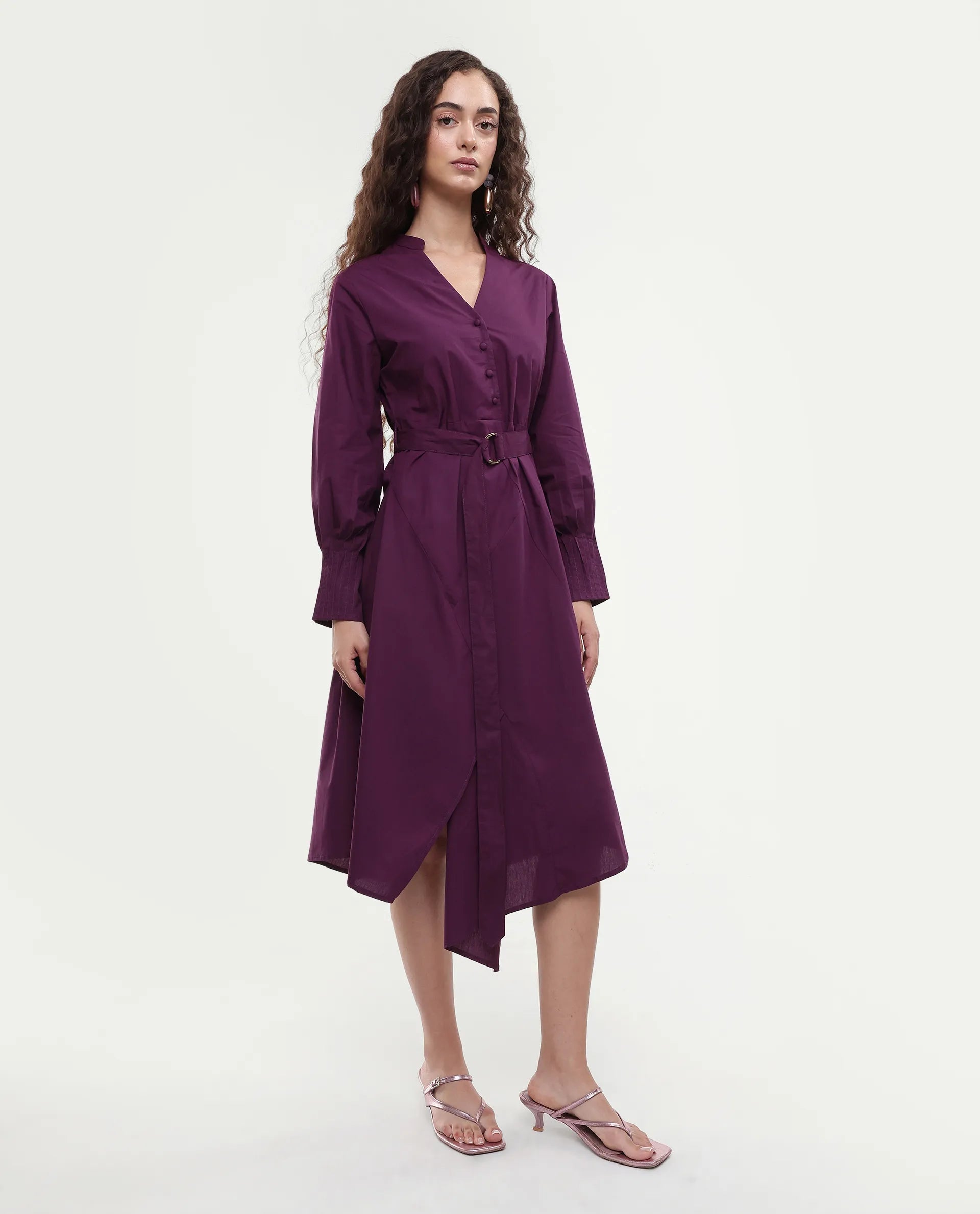 Rareism Women's Iona Purple Cotton Mandarin Collar Plain Cuffed Sleeve Midi Fit And Flare Dress