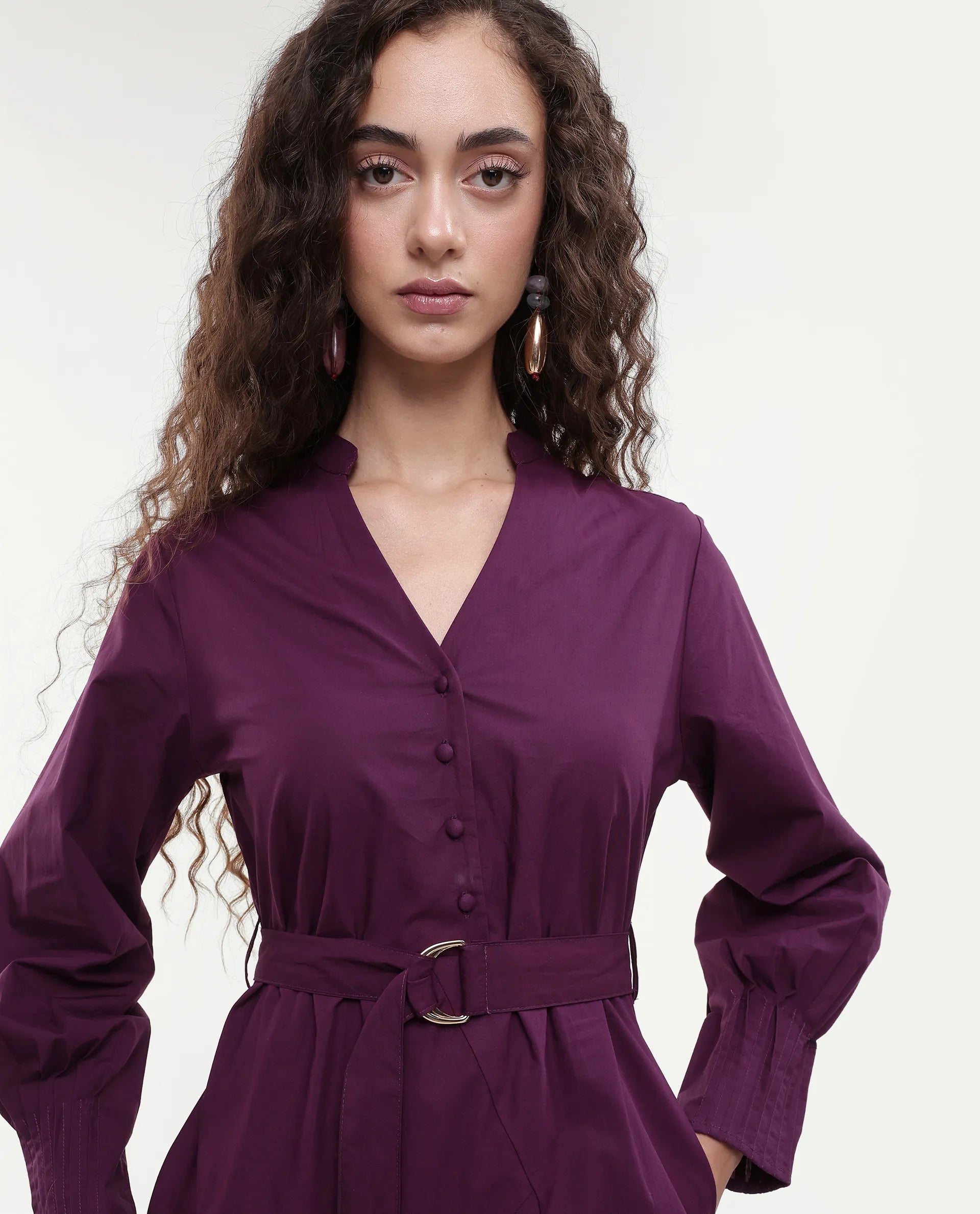 Rareism Women's Iona Purple Cotton Mandarin Collar Plain Cuffed Sleeve Midi Fit And Flare Dress
