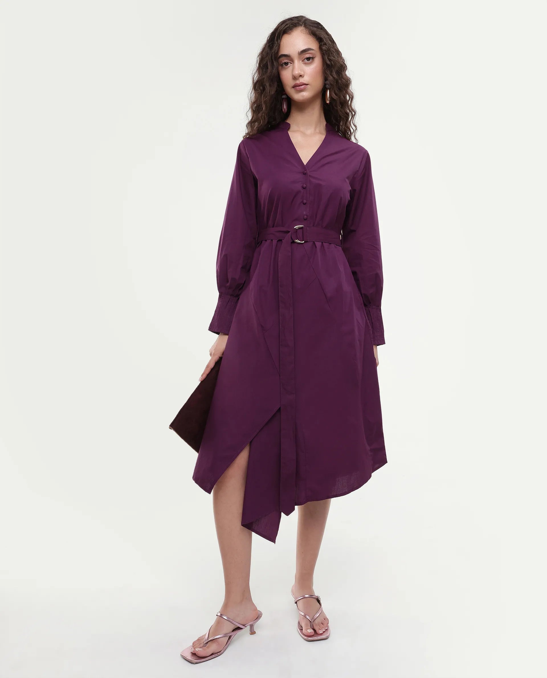 Rareism Women's Iona Purple Cotton Mandarin Collar Plain Cuffed Sleeve Midi Fit And Flare Dress