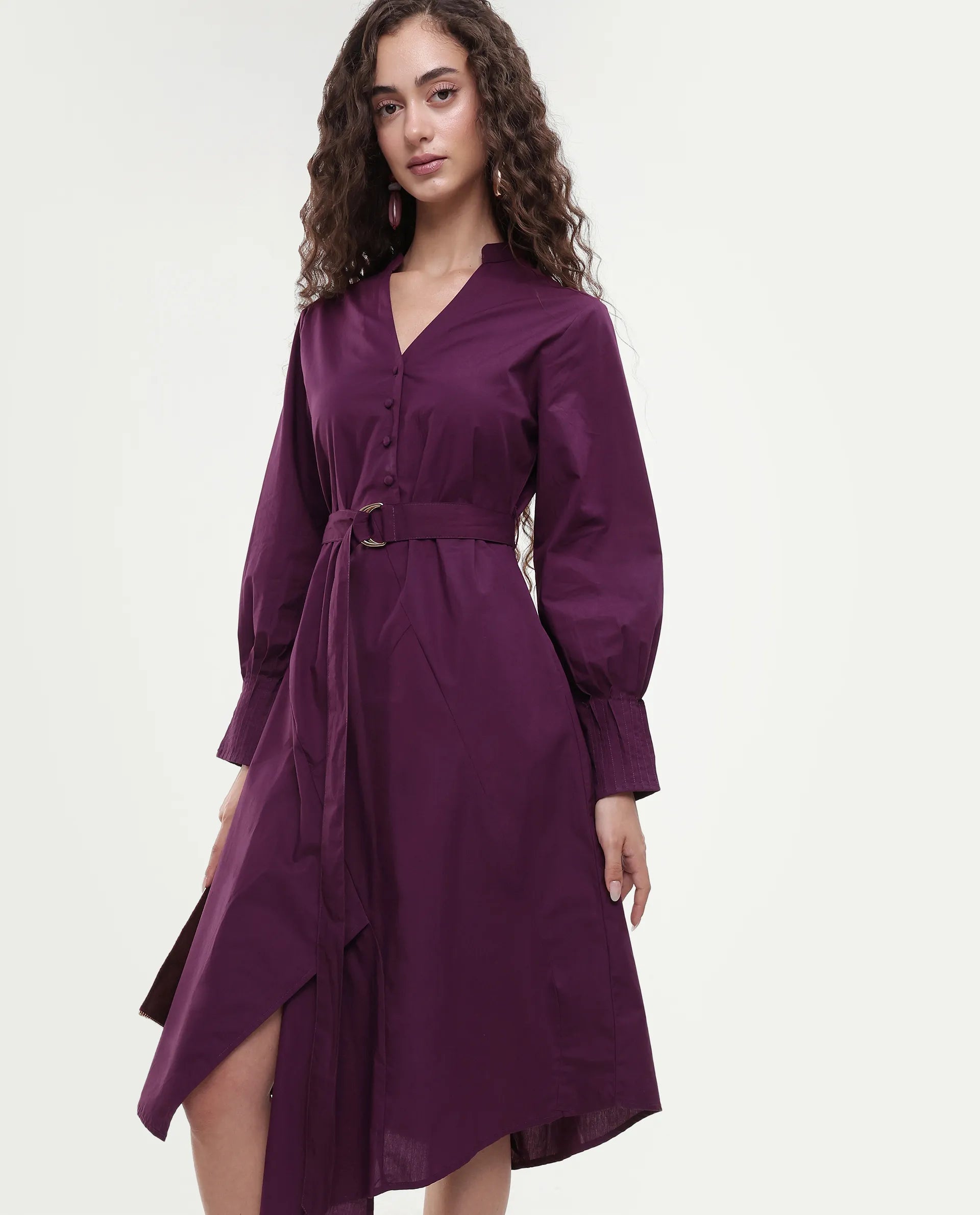 Rareism Women's Iona Purple Cotton Mandarin Collar Plain Cuffed Sleeve Midi Fit And Flare Dress