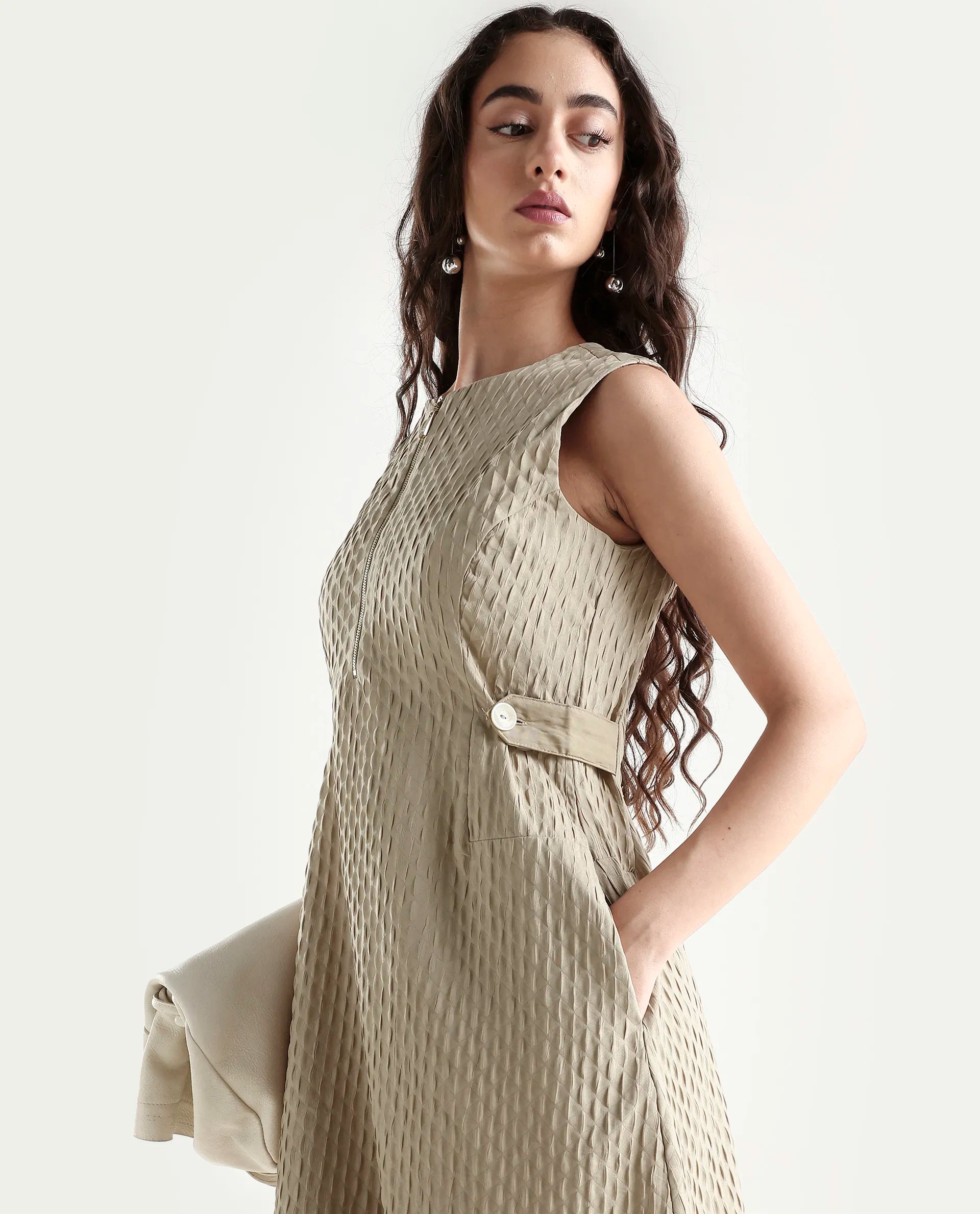 Rareism Women's Zelina Beige Polyester Round Neck Plain Sleeveless Knee Length A-Line Dress