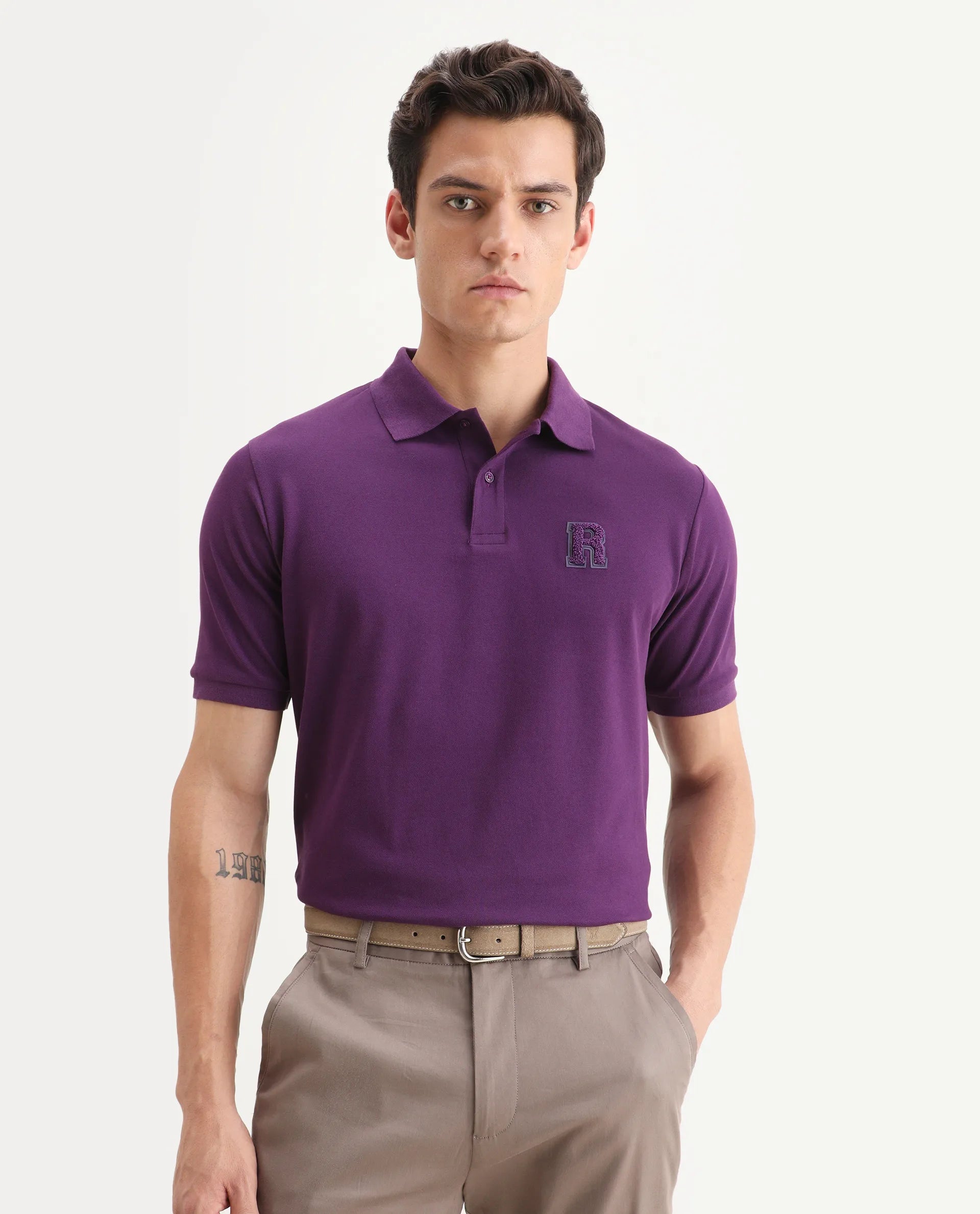 Rare Rabbit Men's Otes Purple Cotton Plain Regular Fit Half Sleeve Polo