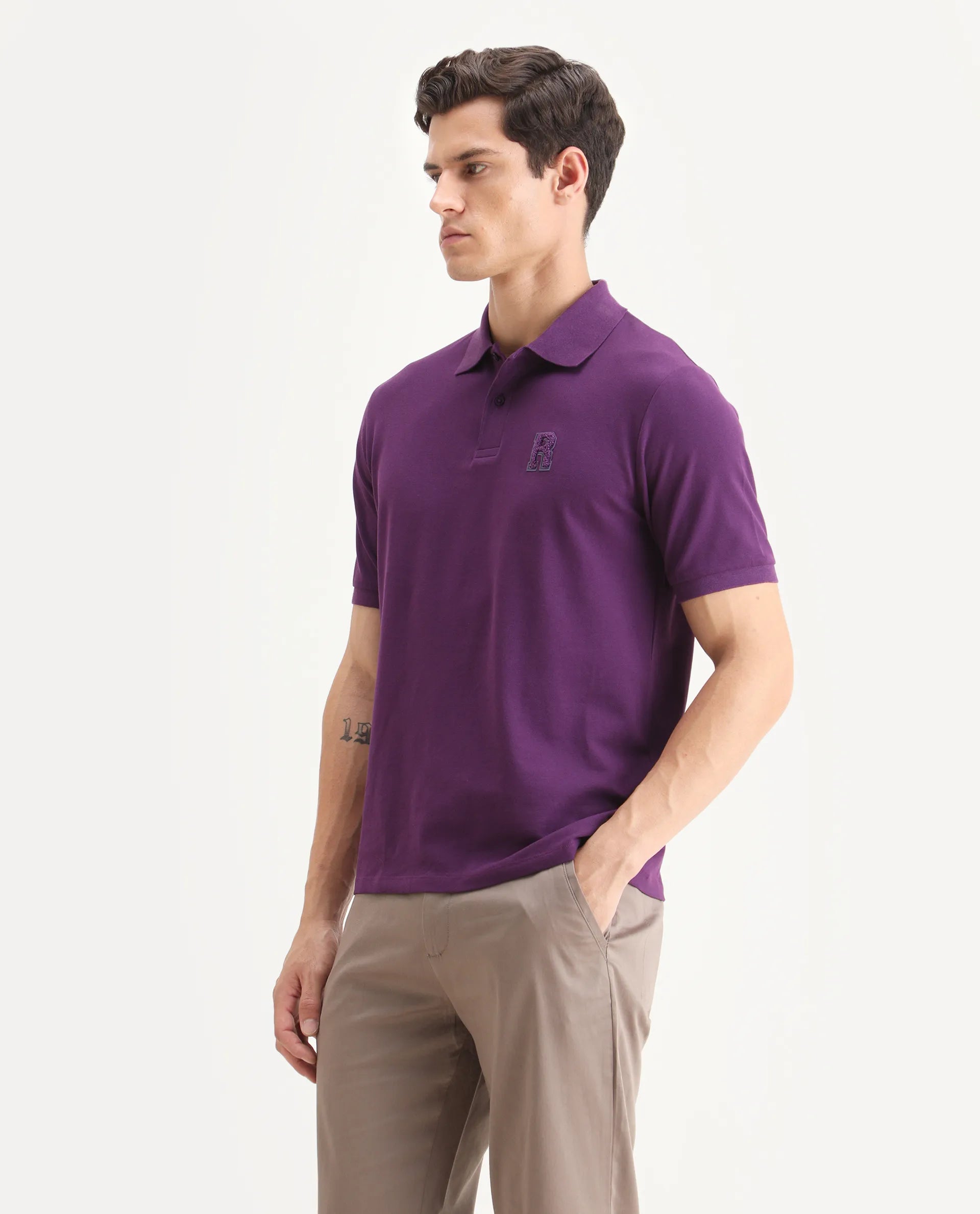Rare Rabbit Men's Otes Purple Cotton Plain Regular Fit Half Sleeve Polo