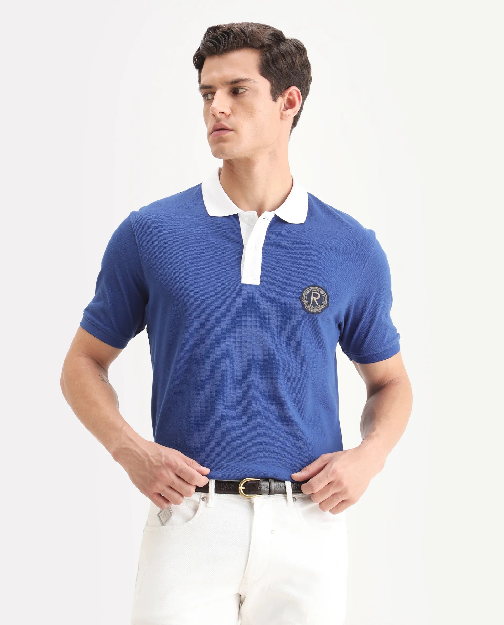 Rare Rabbit Men's Eldon Blue Cotton Plain Regular Fit Half Sleeve Polo