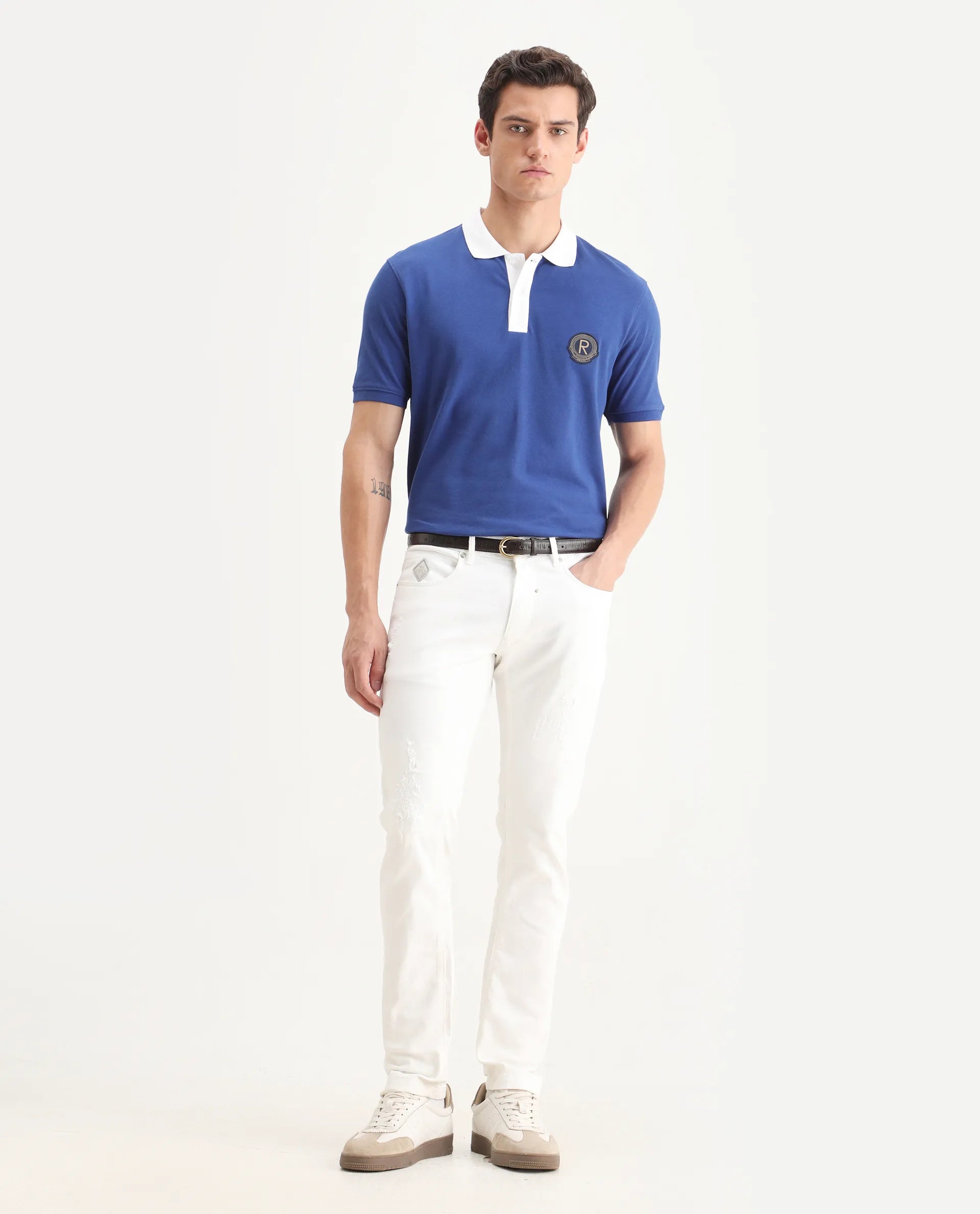 Rare Rabbit Men's Eldon Blue Cotton Plain Regular Fit Half Sleeve Polo