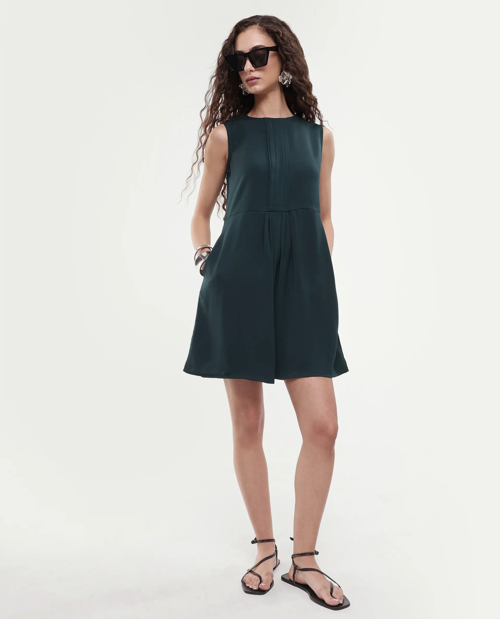 Rareism Women's Roux Olive Polyester Blend Crew Neck Plain Sleeveless Mini Fit And Flare Dress