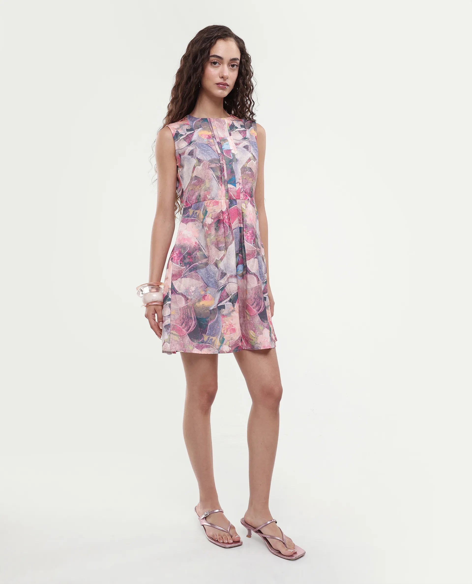 Rareism Women's Rouxi Multi Polyester Blend Crew Neck Abstract Print Sleeveless Mini Fit And Flare Dress