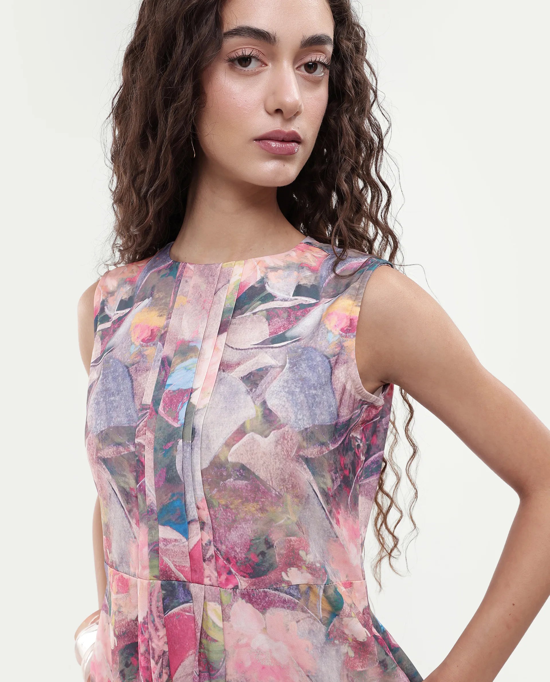 Rareism Women's Rouxi Multi Polyester Blend Crew Neck Abstract Print Sleeveless Mini Fit And Flare Dress