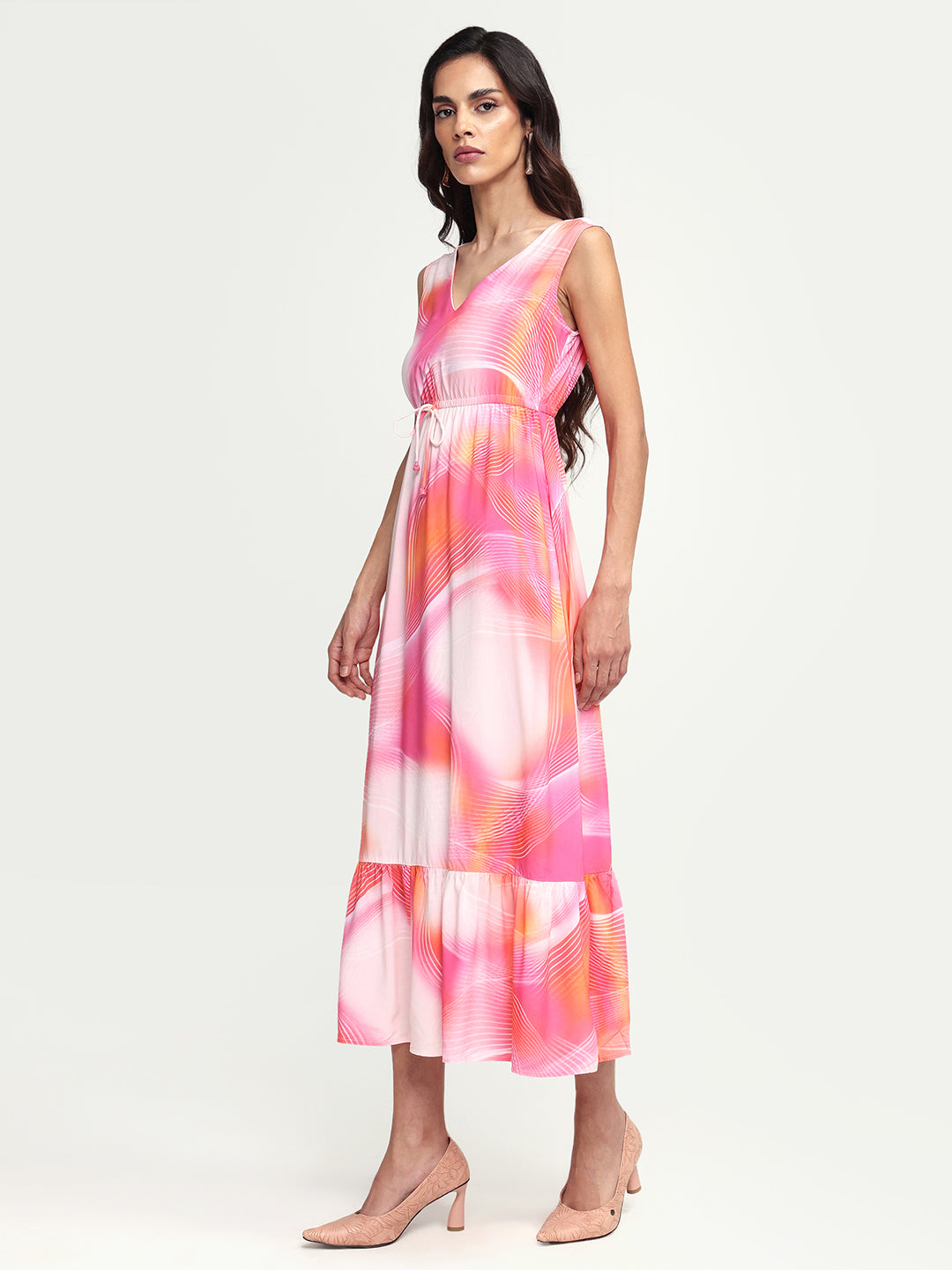 Rareism Women's Luanda Multi Viscose V-Neck Abstract Print Sleeveless Maxi Fit And Flare Dress