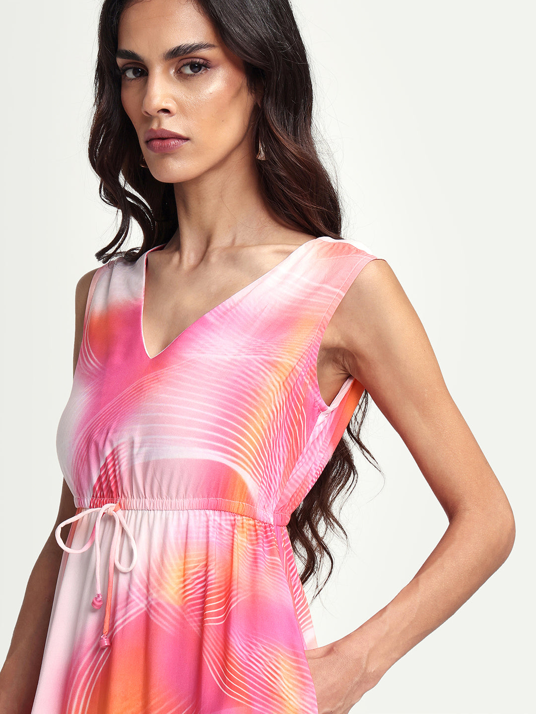 Rareism Women's Luanda Multi Viscose V-Neck Abstract Print Sleeveless Maxi Fit And Flare Dress