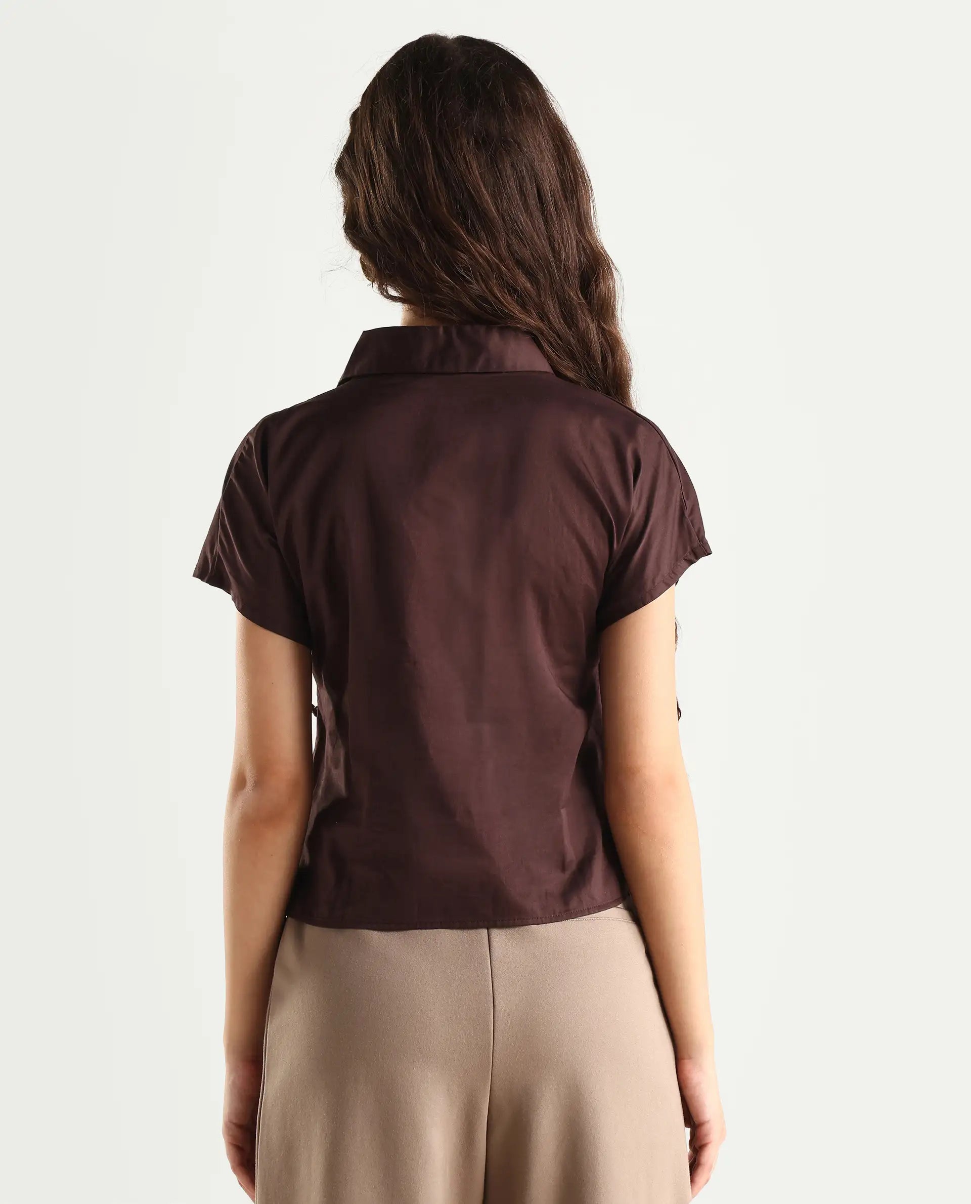 Rareism Women's Aurelia Brown Cotton Blend Drop Collar Plain Extended Sleeves Regular Fit Top