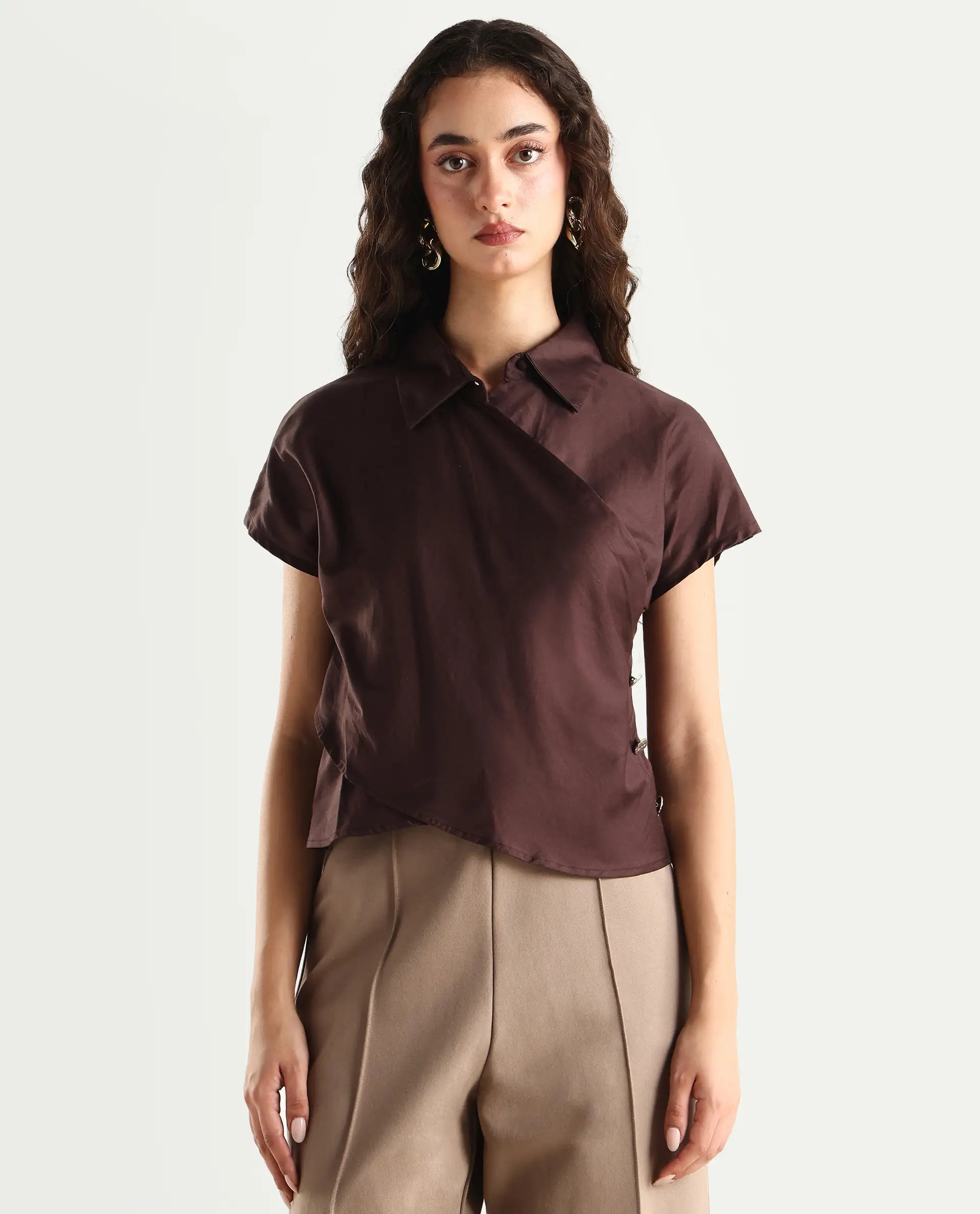 Rareism Women's Aurelia Brown Cotton Blend Drop Collar Plain Extended Sleeves Regular Fit Top