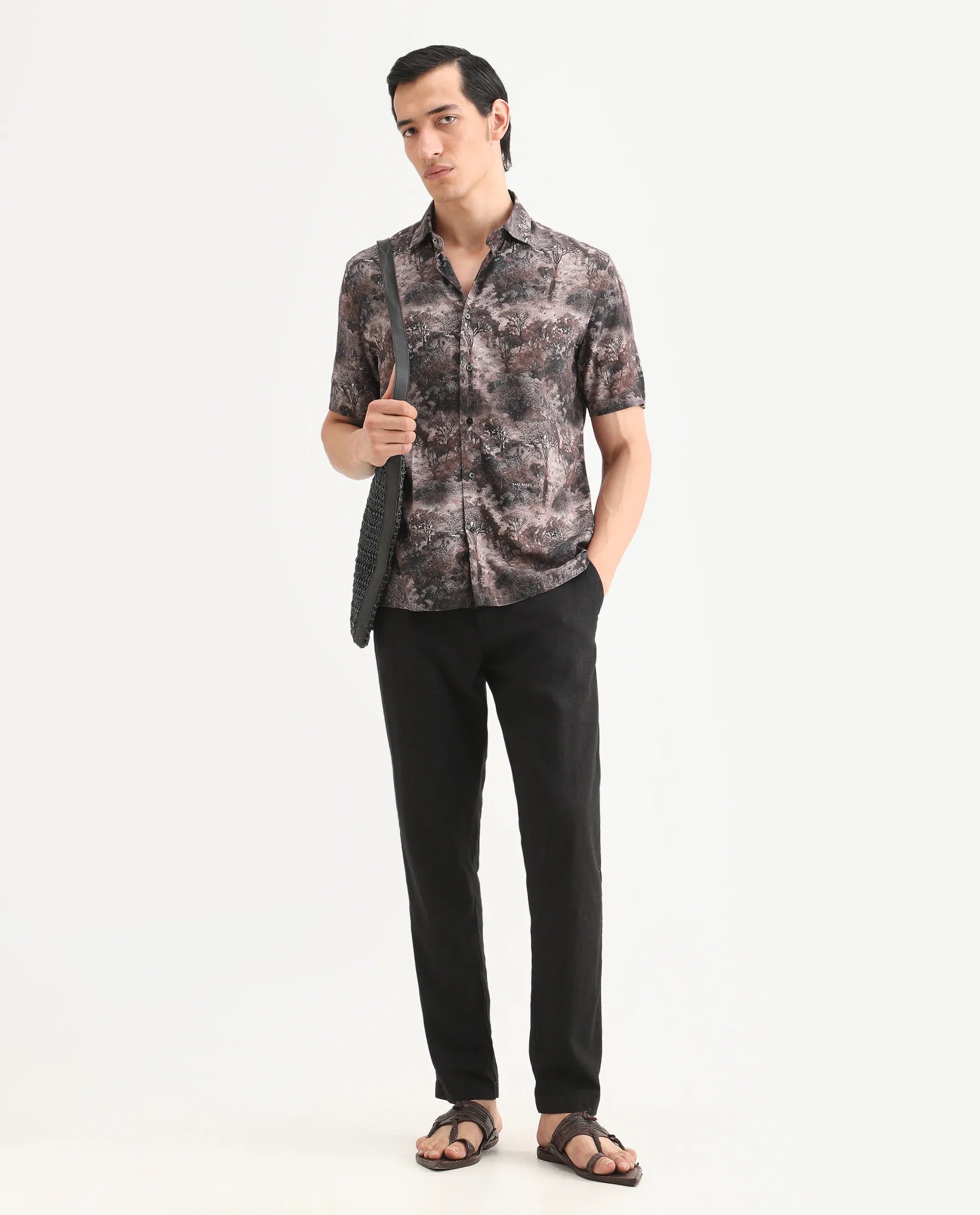 Rare Rabbit Men's Froe Light Brown Viscose Tropical Print Regular Fit Half Sleeve Collared Shirt