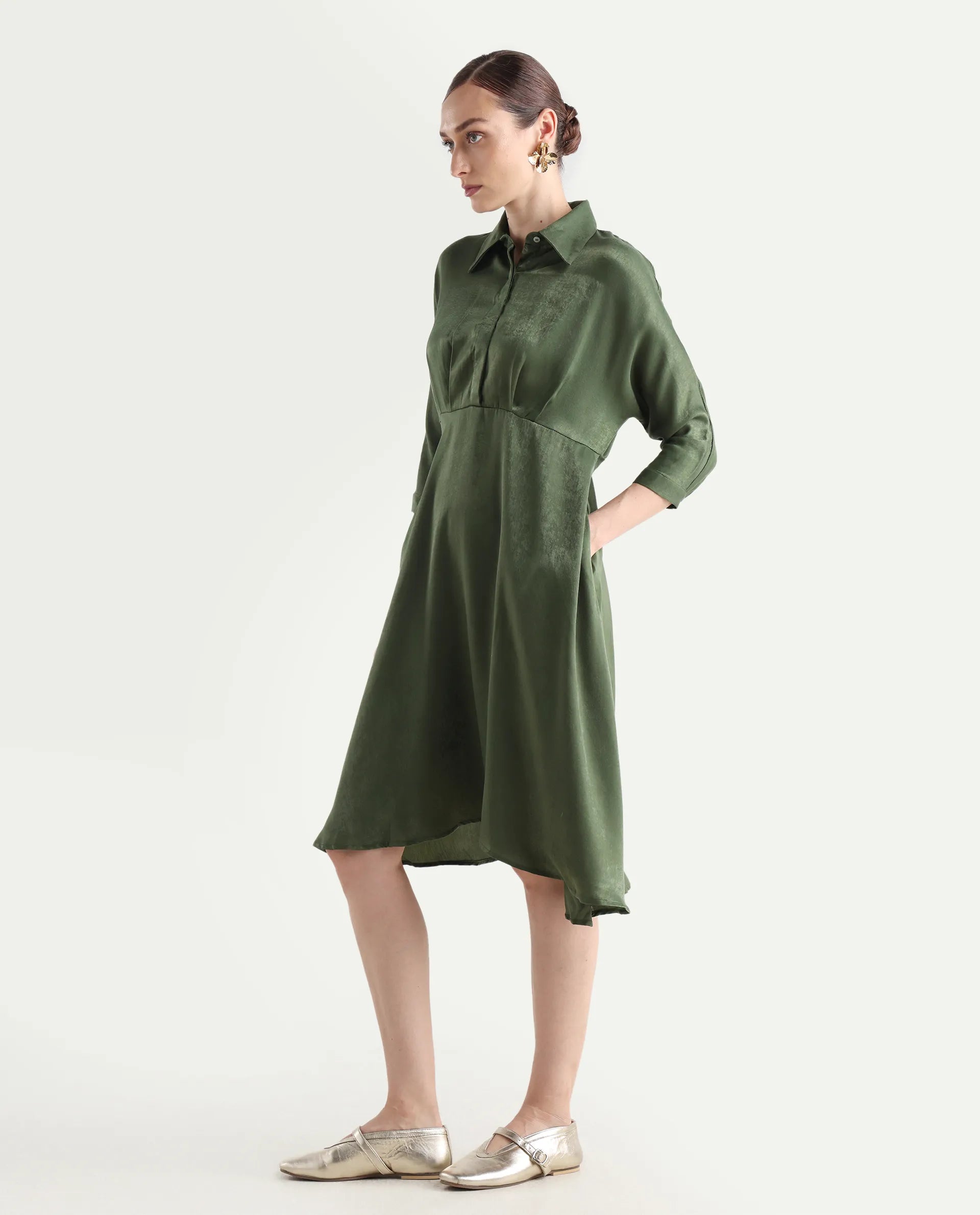 Rareism Women's Airbaz Olive Velvet Spread Collar Plain Kimono Sleeve Midi A-Line Dress