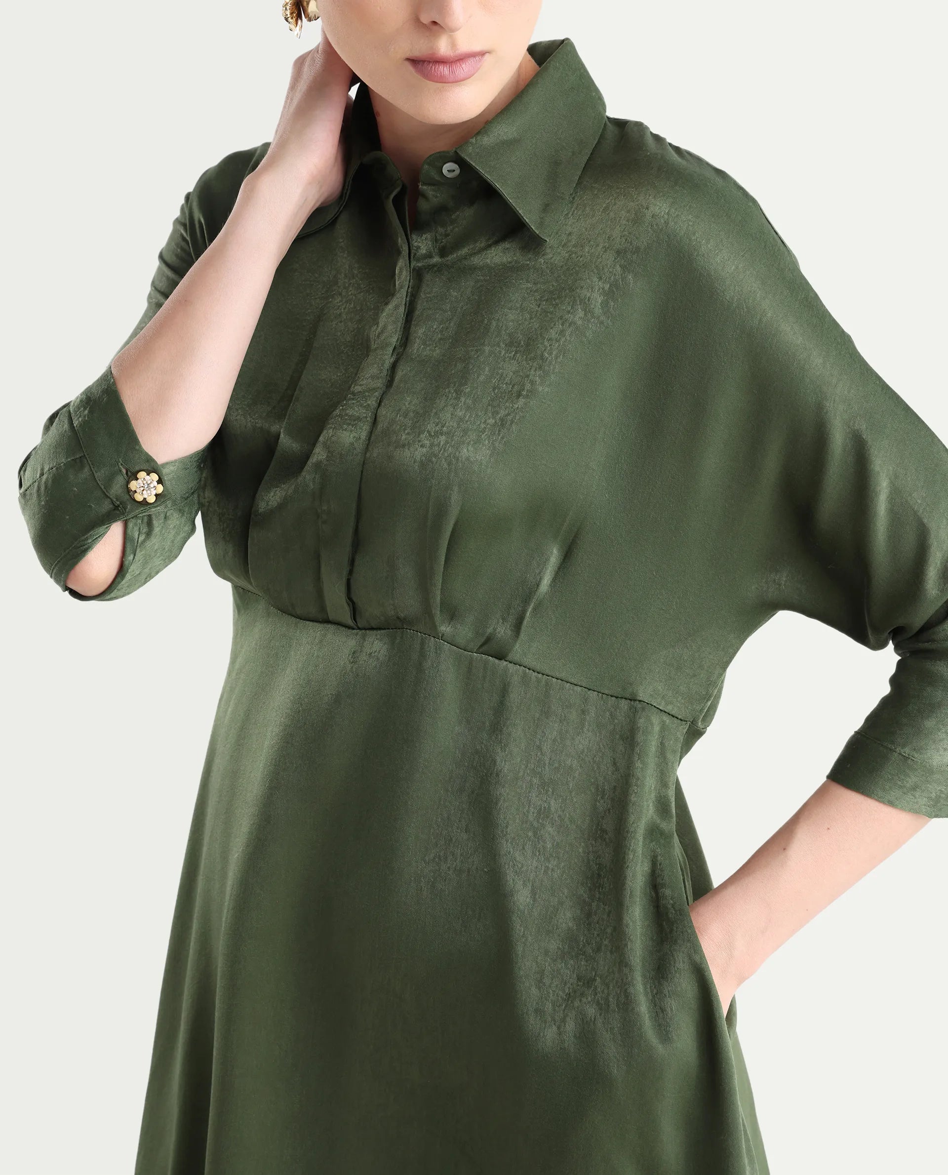 Rareism Women's Airbaz Olive Velvet Spread Collar Plain Kimono Sleeve Midi A-Line Dress