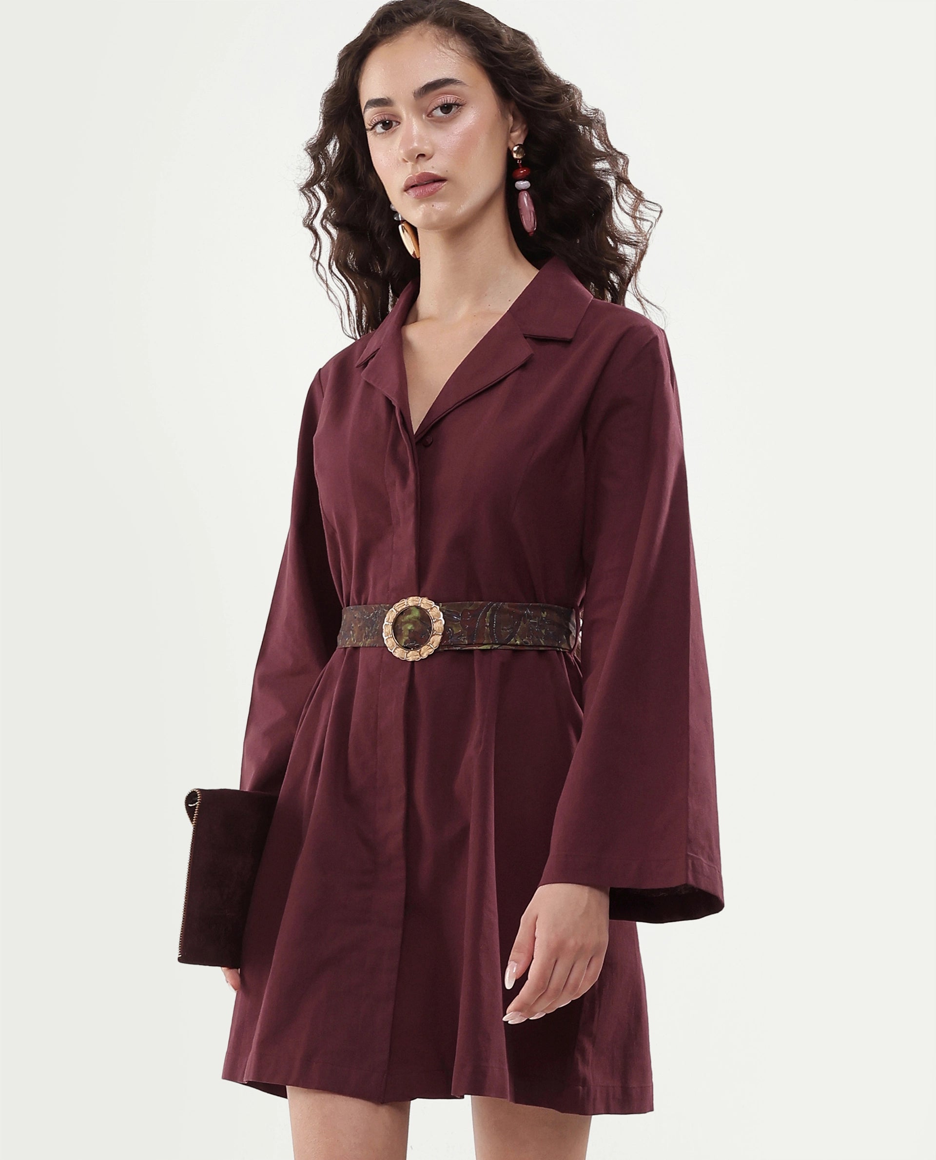 Rareism Women's Alvida Brown Cotton Lapel Neck Plain Mini A-Line Dress