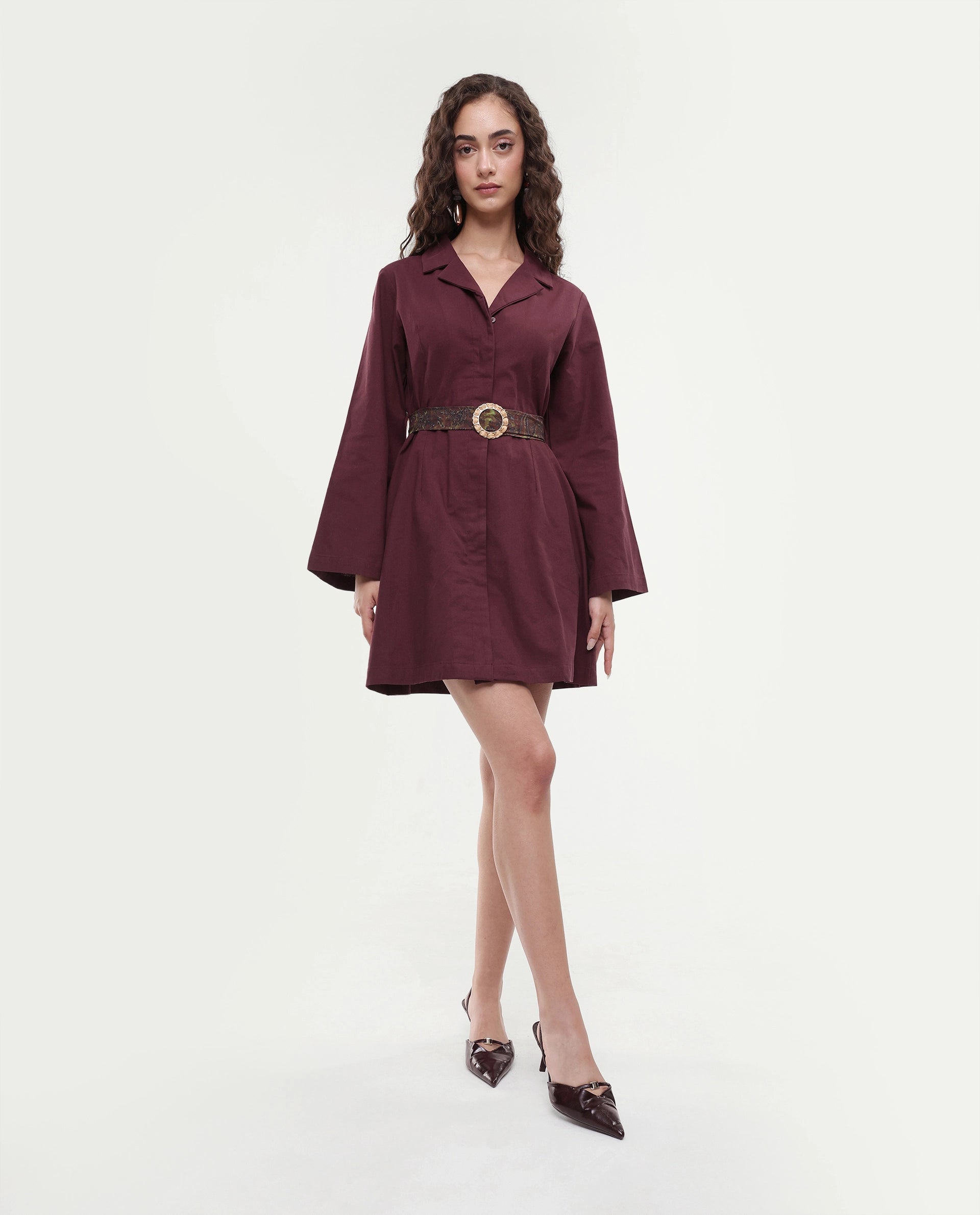 Rareism Women's Alvida Brown Cotton Lapel Neck Plain Mini A-Line Dress