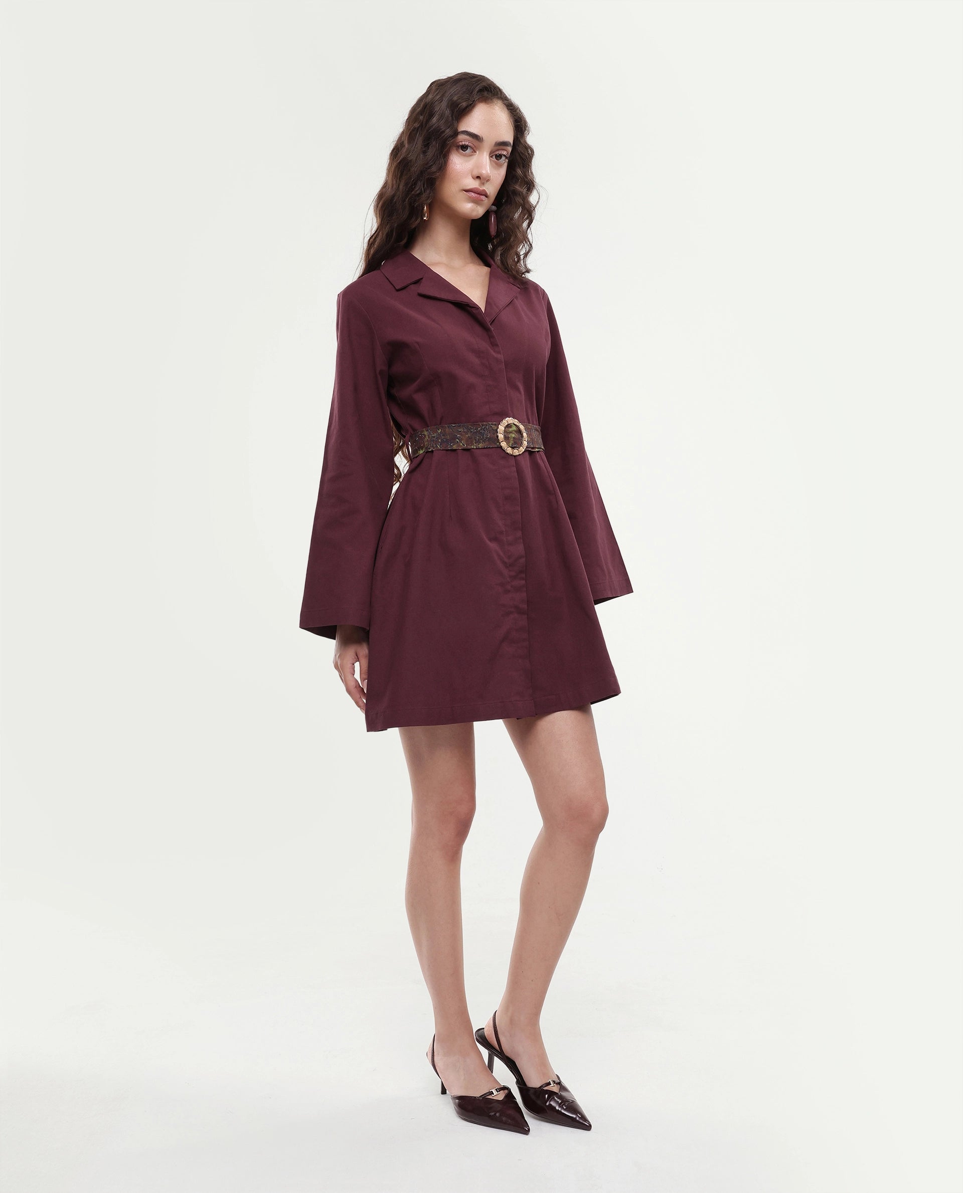 Rareism Women's Alvida Brown Cotton Lapel Neck Plain Mini A-Line Dress