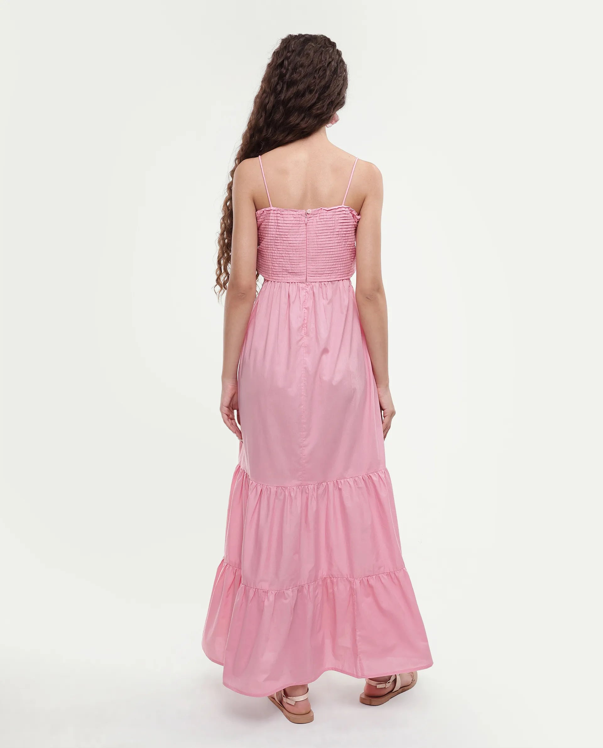 Rareism Women's Schor Pink Cotton Shoulder Strap Plain Maxi Fit And Flare Dress