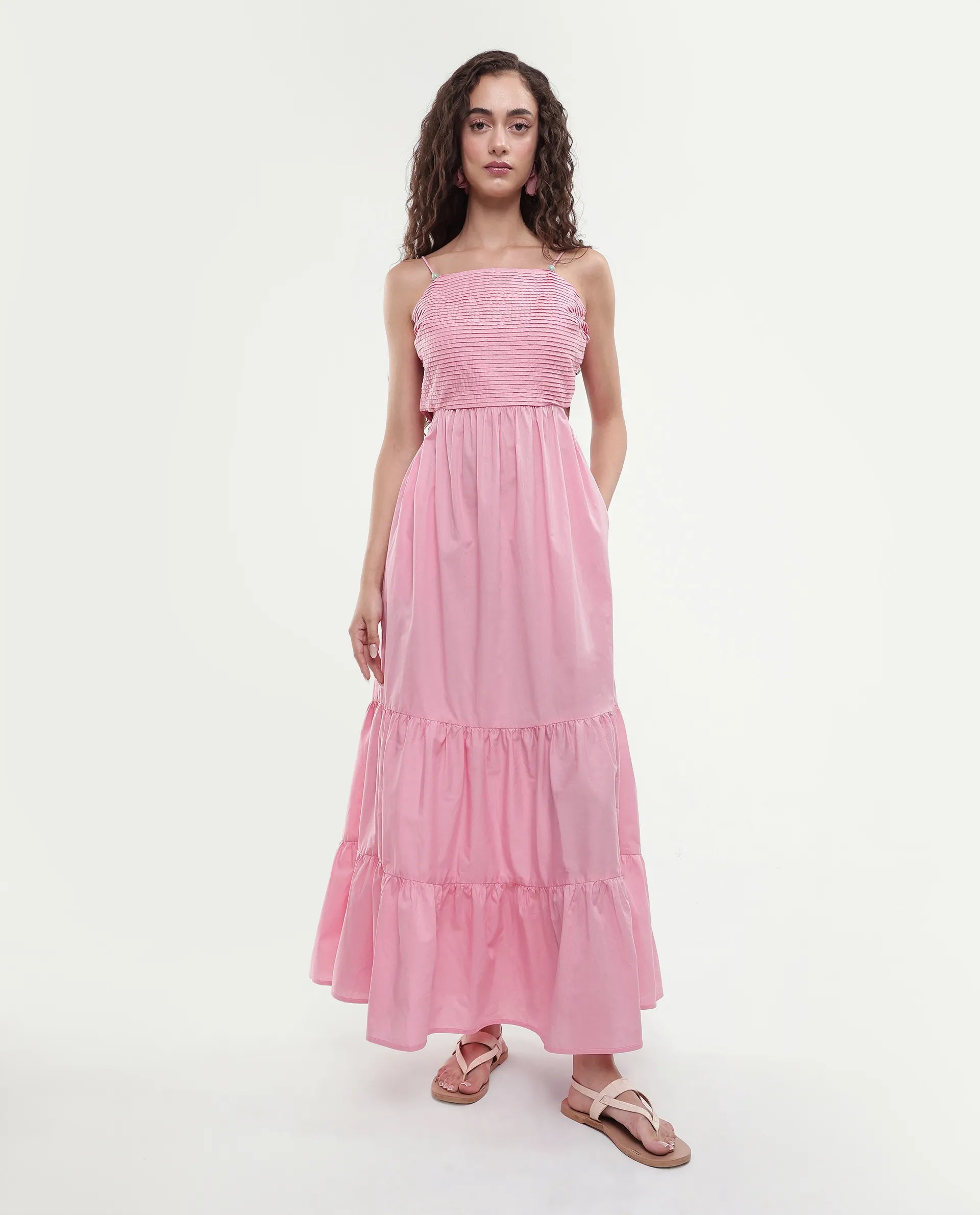 Rareism Women's Schor Pink Cotton Shoulder Strap Plain Maxi Fit And Flare Dress