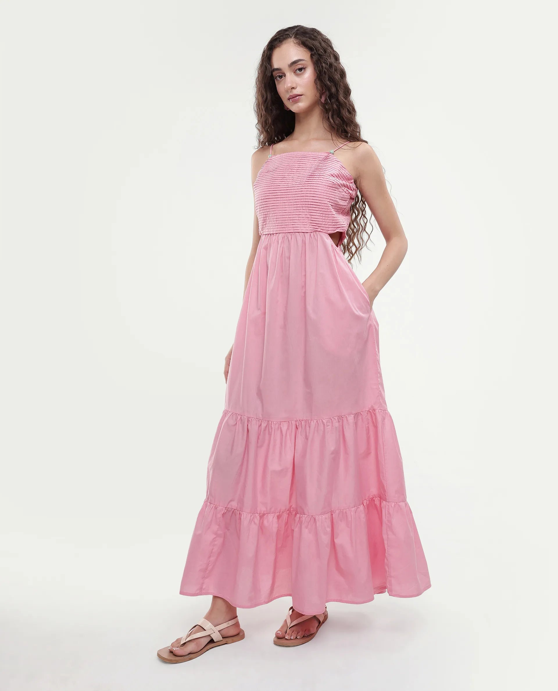 Rareism Women's Schor Pink Cotton Shoulder Strap Plain Maxi Fit And Flare Dress