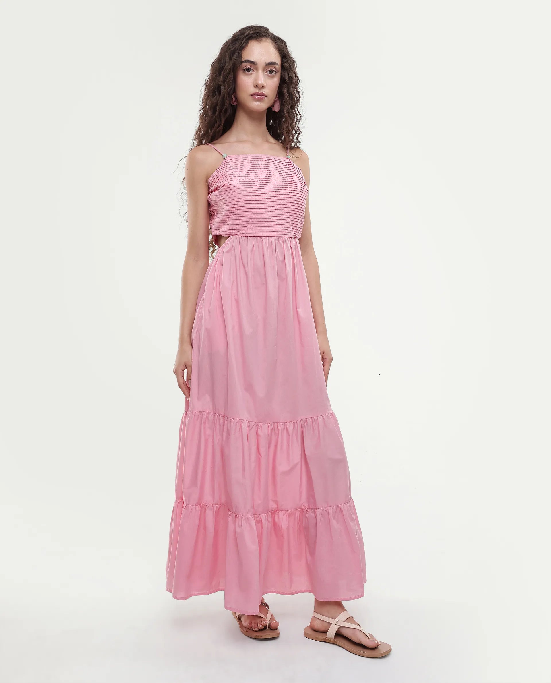 Rareism Women's Schor Pink Cotton Shoulder Strap Plain Maxi Fit And Flare Dress