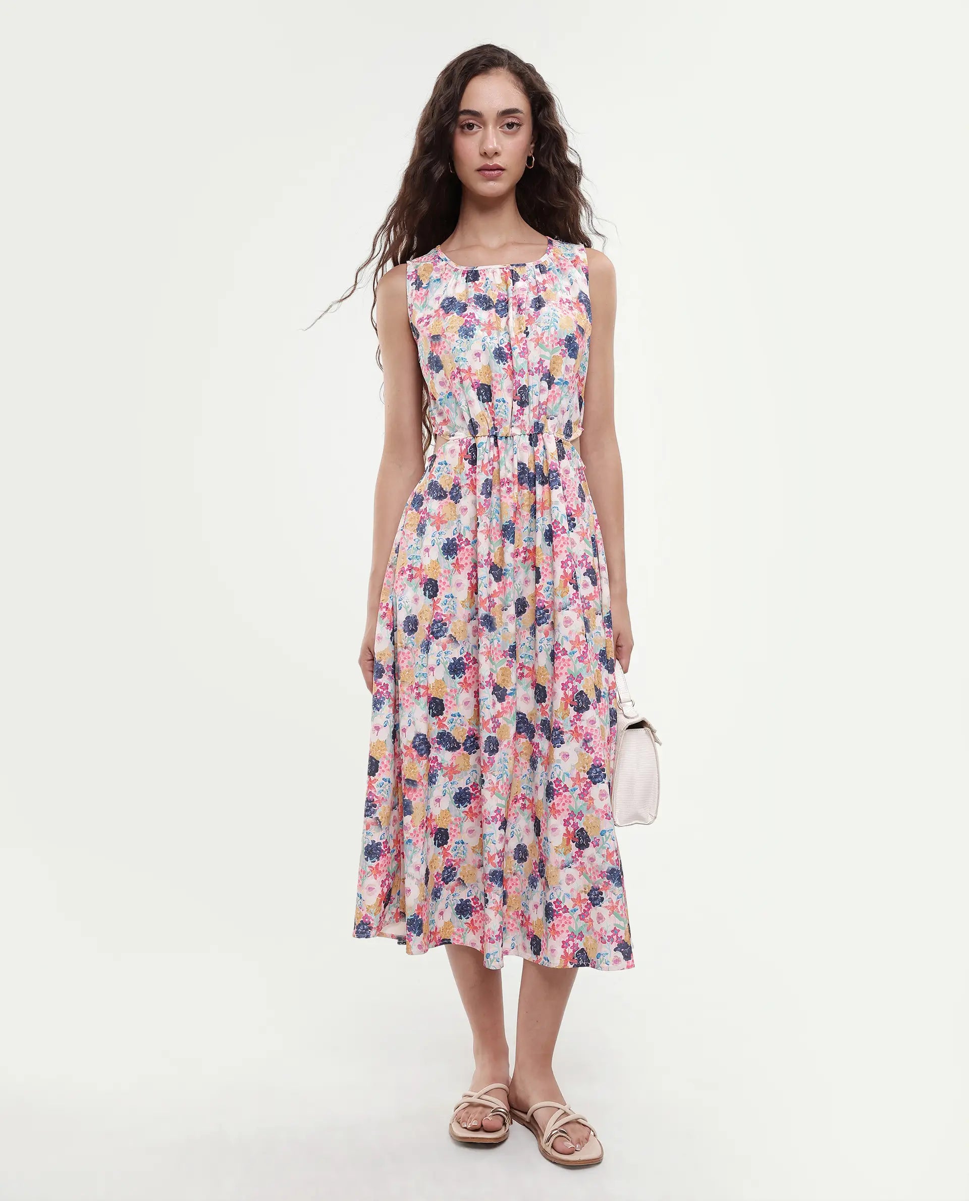 Rareism Women's Rinaf Multi Satin Round Neck Floral Print Sleeveless Midi Fit And Flare Dress