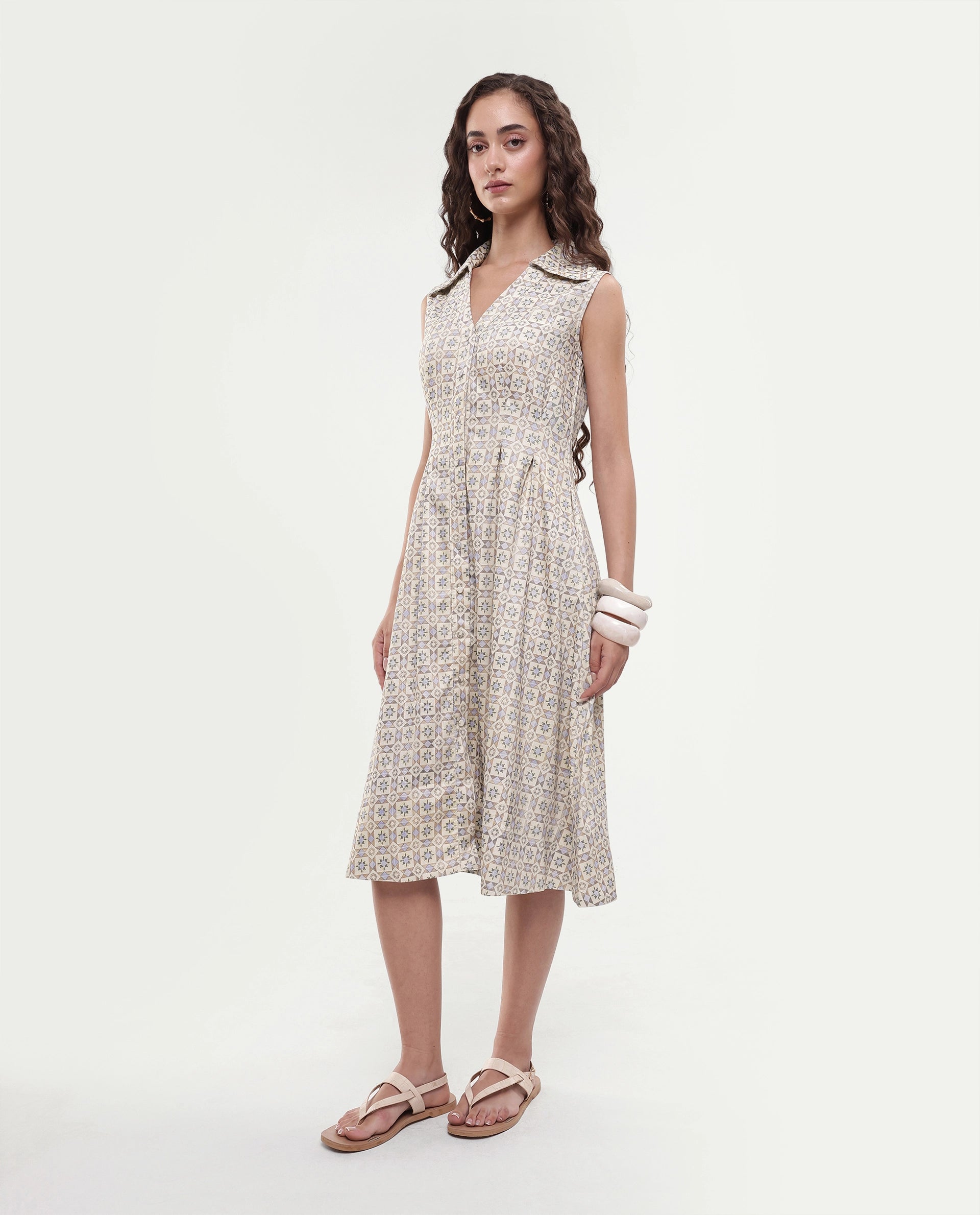 Rareism Women's Bujum Multi Linen Johnny Collar Geometric Print Sleeveless Midi A-Line Dress
