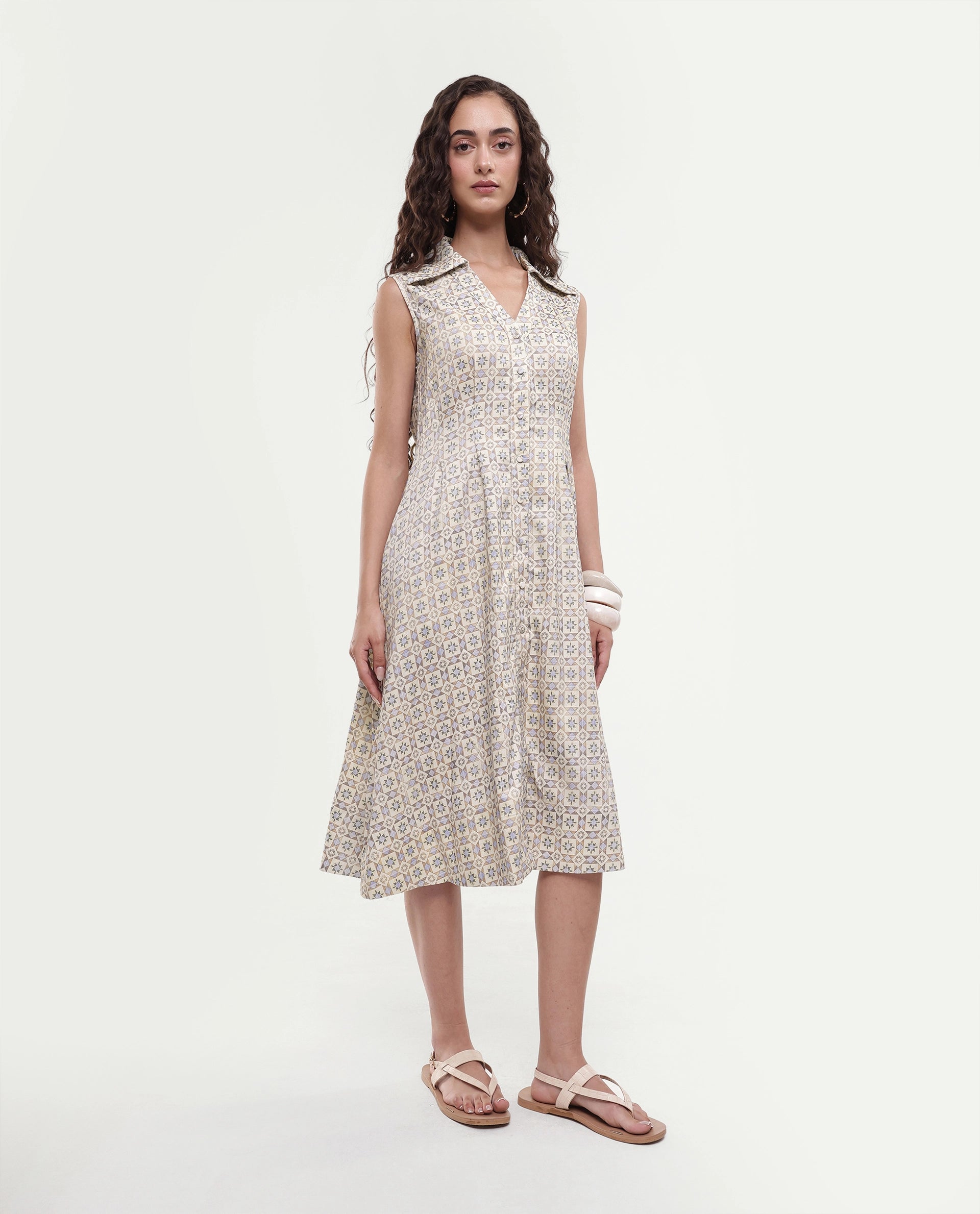 Rareism Women's Bujum Multi Linen Johnny Collar Geometric Print Sleeveless Midi A-Line Dress