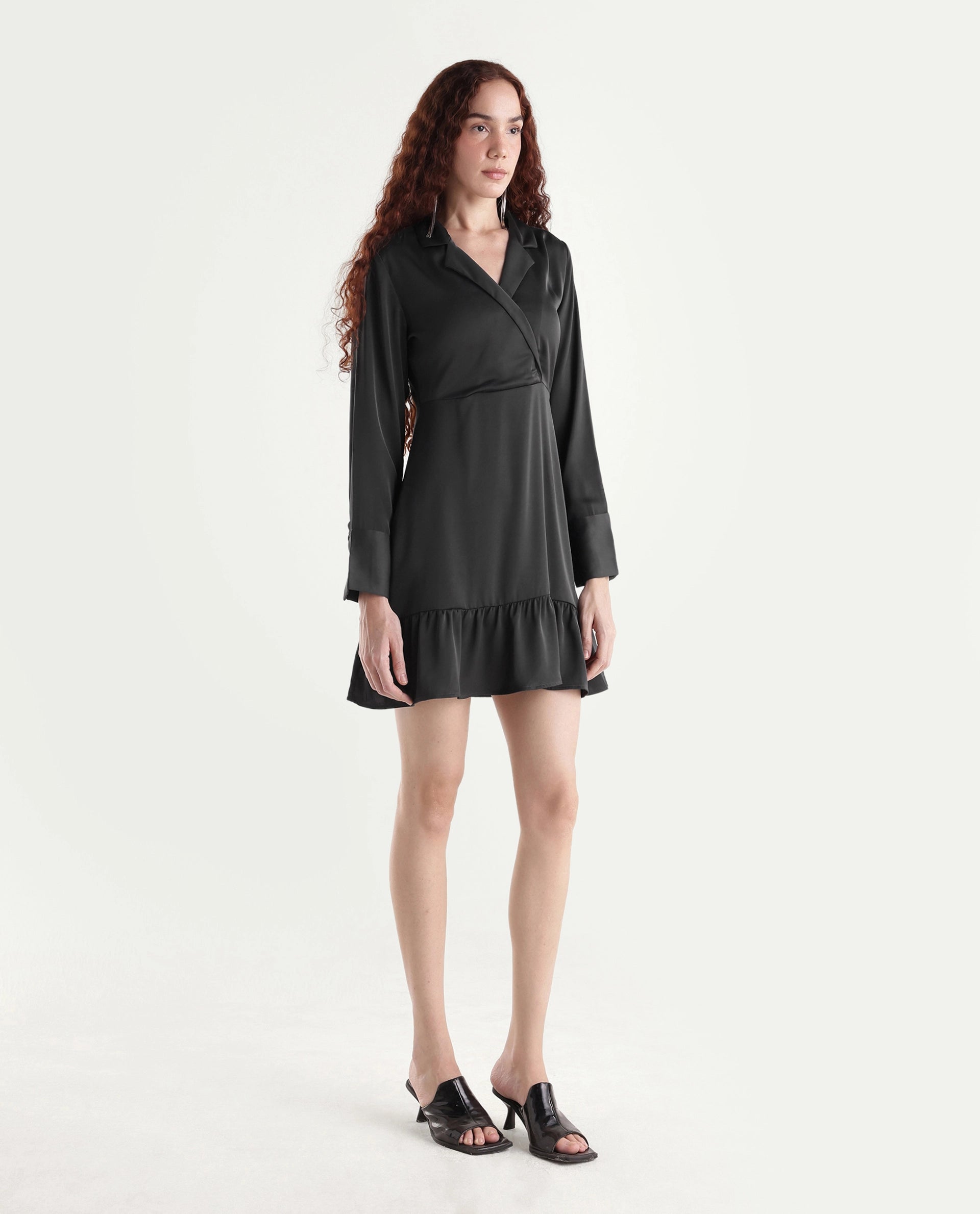 Rareism Women's Michiko Grey Satin Lapel Neck Plain Cuffed Sleeve Mini Fit And Flare Dress