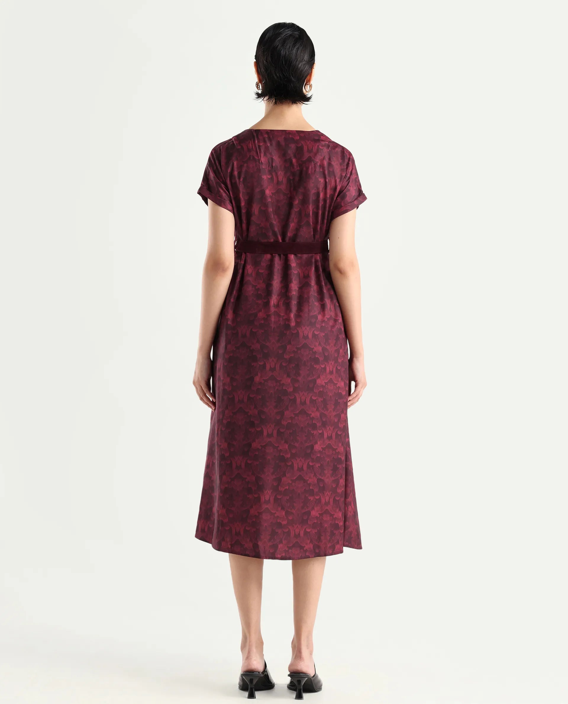 Rareism Women's Mulaani Maroon Satin Round Neck Abstract Print Extended Sleeves Midi A-Line Dress