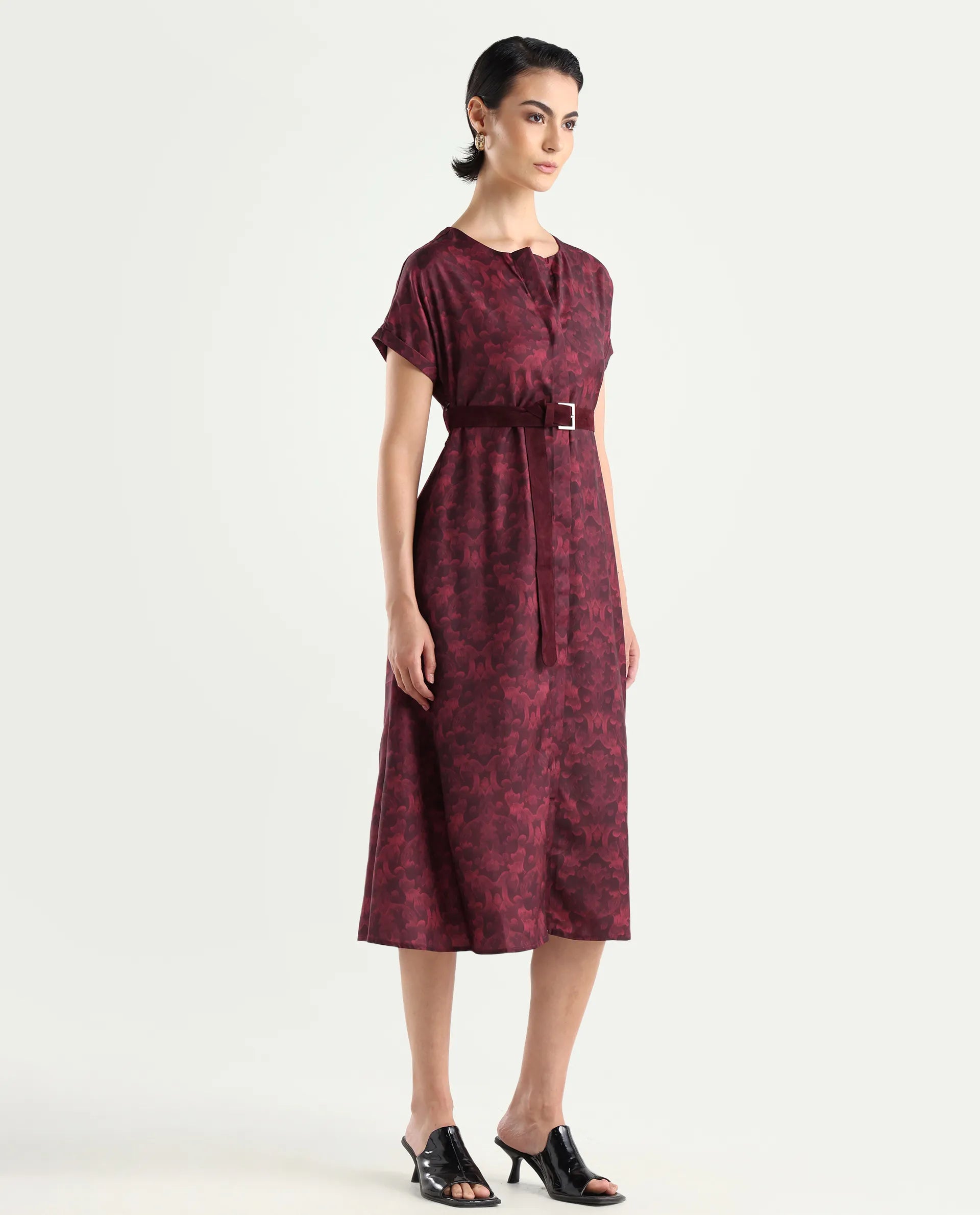 Rareism Women's Mulaani Maroon Satin Round Neck Abstract Print Extended Sleeves Midi A-Line Dress
