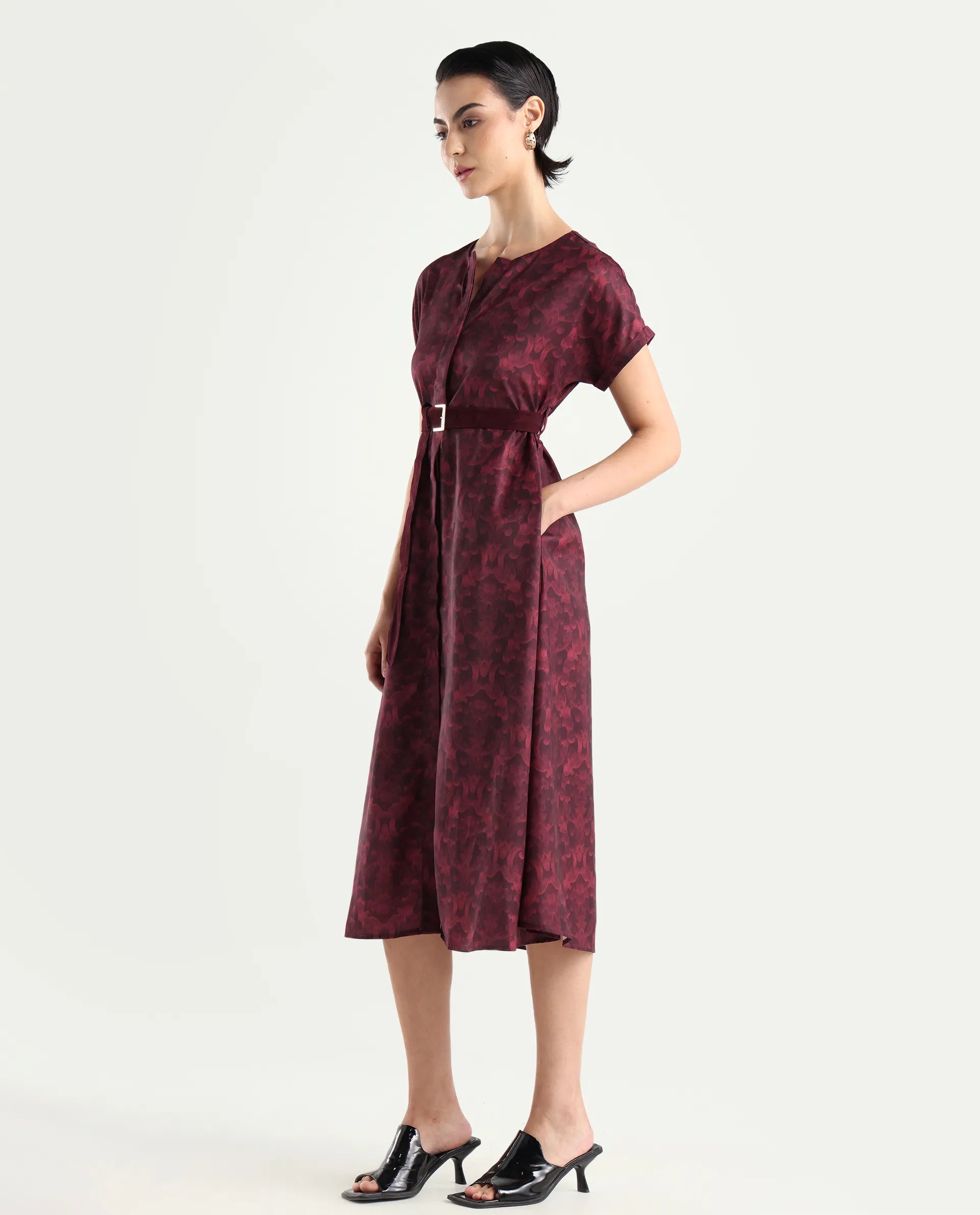 Rareism Women's Mulaani Maroon Satin Round Neck Abstract Print Extended Sleeves Midi A-Line Dress