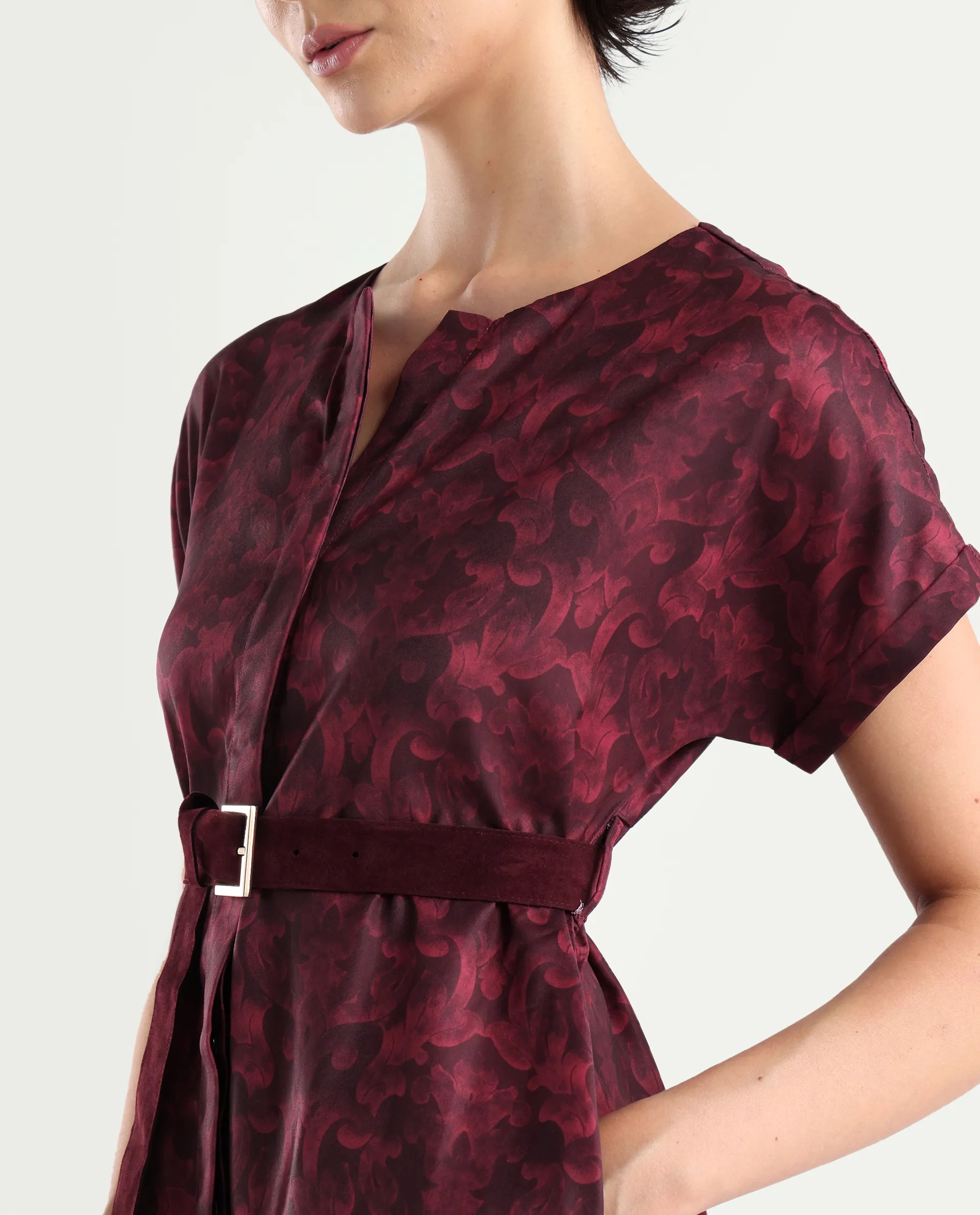 Rareism Women's Mulaani Maroon Satin Round Neck Abstract Print Extended Sleeves Midi A-Line Dress