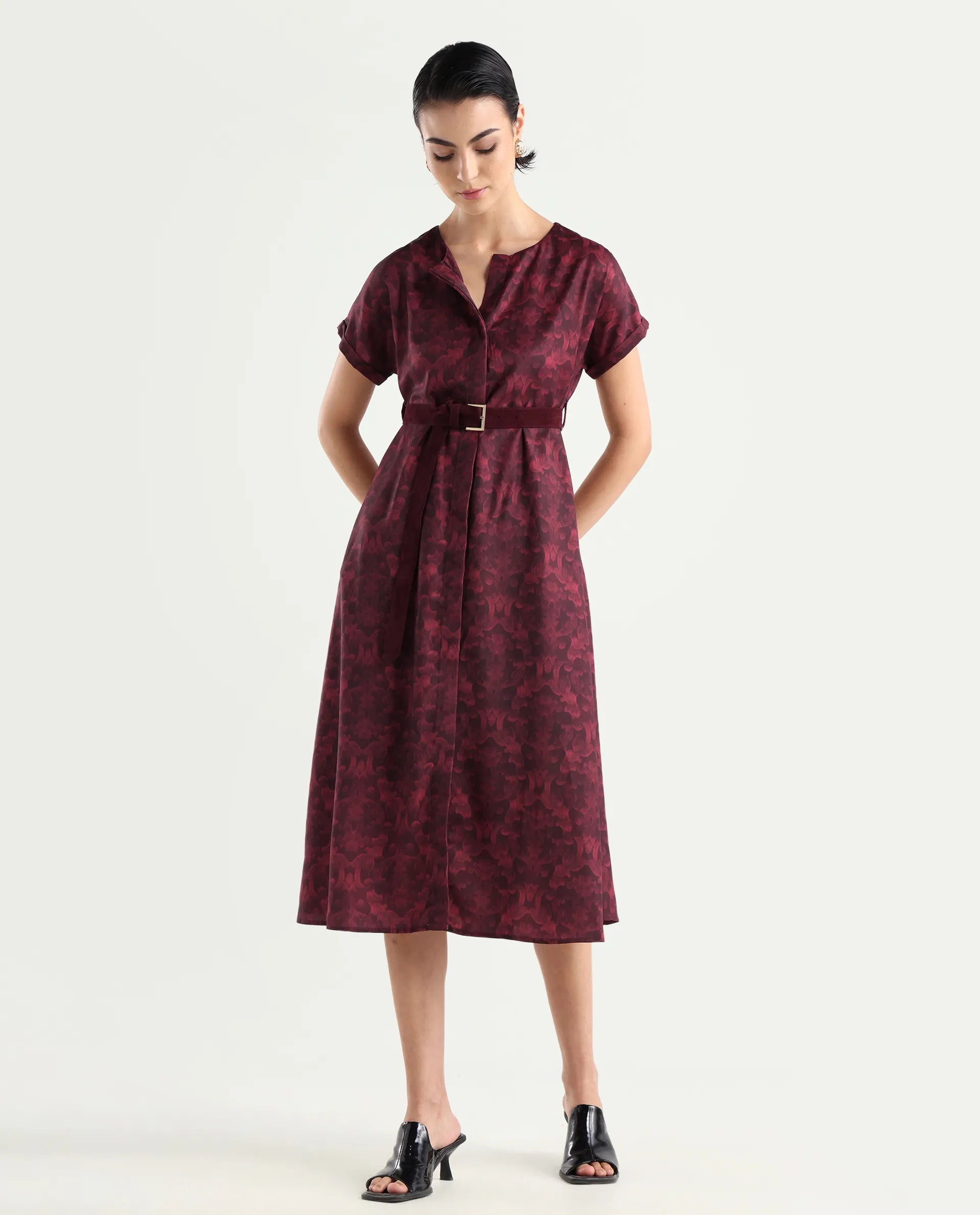 Rareism Women's Mulaani Maroon Satin Round Neck Abstract Print Extended Sleeves Midi A-Line Dress